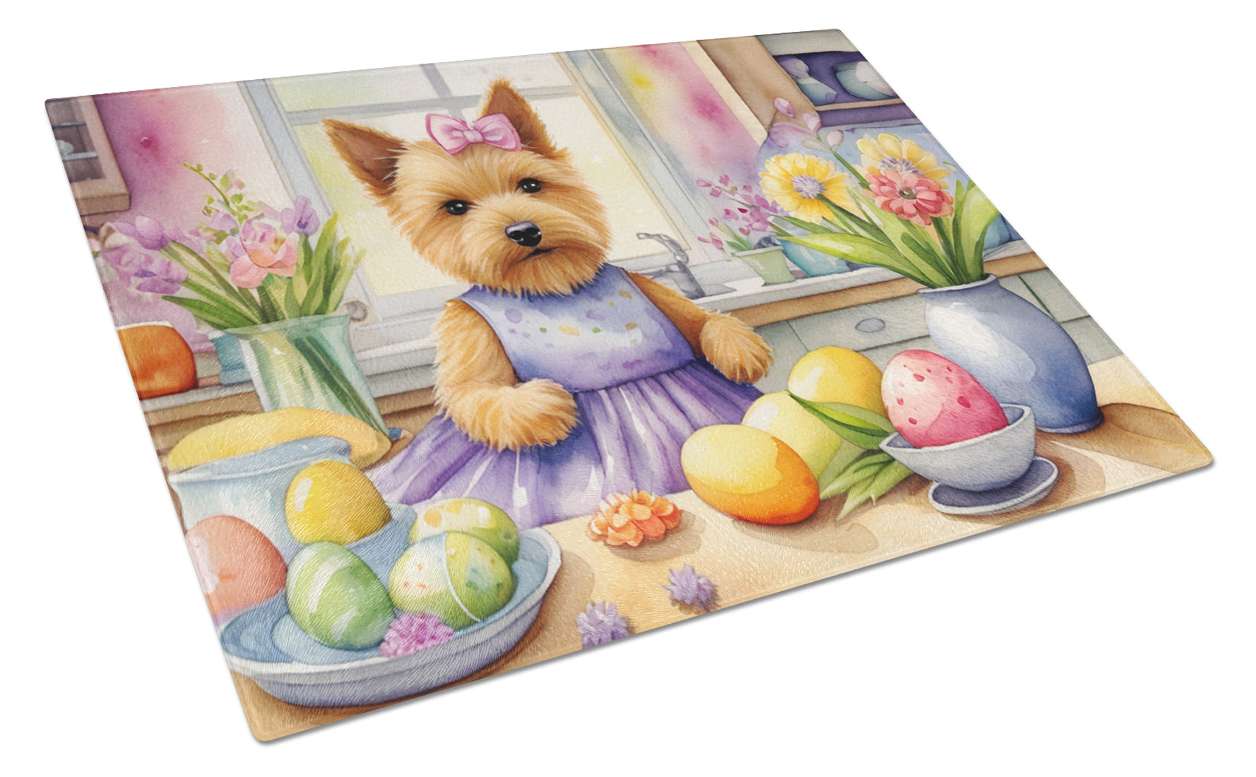 Decorating Easter Norwich Terrier Cutting Board Tempered Glass Kitchen Cutting Surface, Heat Resistant Chopping, Non-Slip Feet, Food Prep & Serving