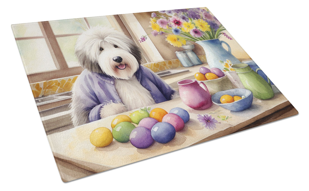 Decorating Easter Old English Sheepdog Cutting Board Tempered Glass Kitchen Cutting Surface, Heat Resistant Chopping, Non-Slip Feet, Food Prep & Serving