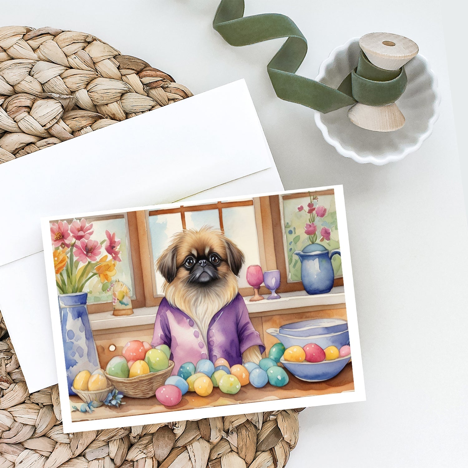 Decorating Easter Pekingese Greeting Cards Pack of 8 Blank Cards with Envelopes Whimsical A7 Size 5x7