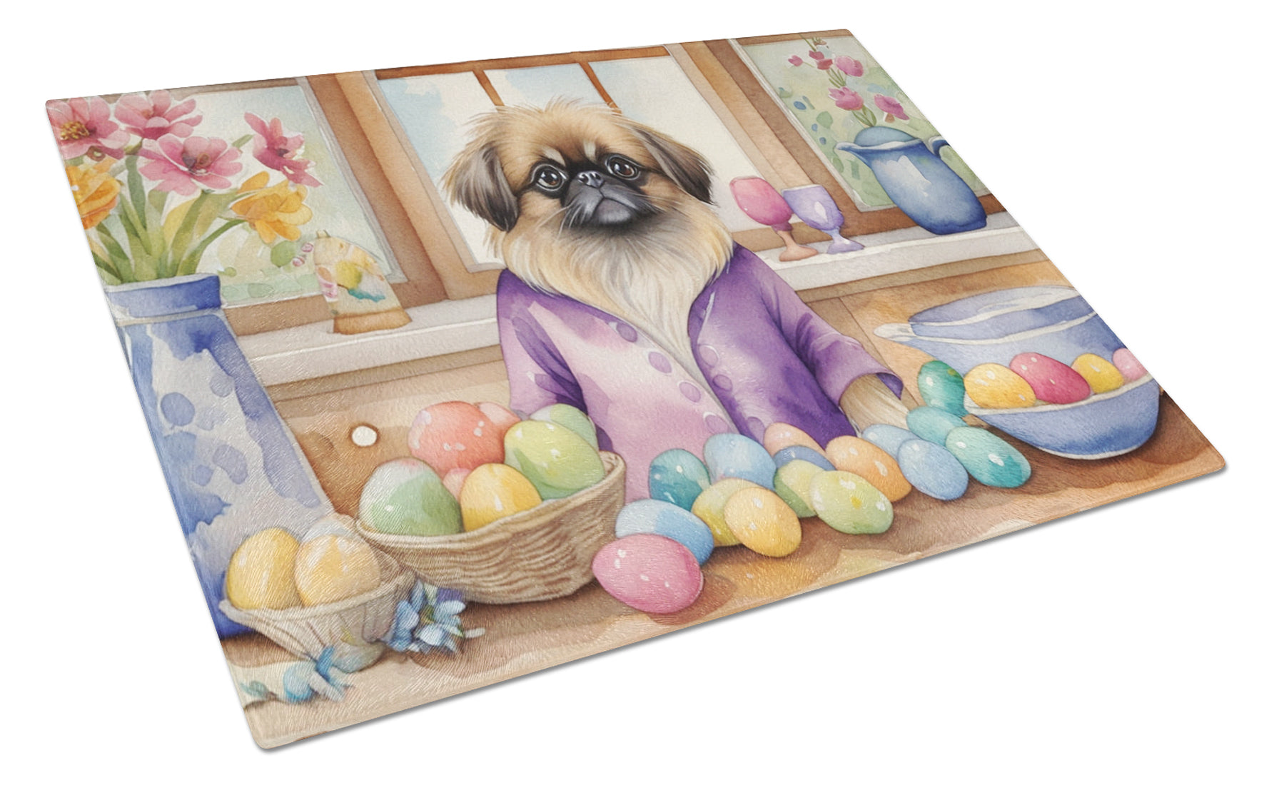 Decorating Easter Pekingese Cutting Board Tempered Glass Kitchen Cutting Surface, Heat Resistant Chopping, Non-Slip Feet, Food Prep & Serving