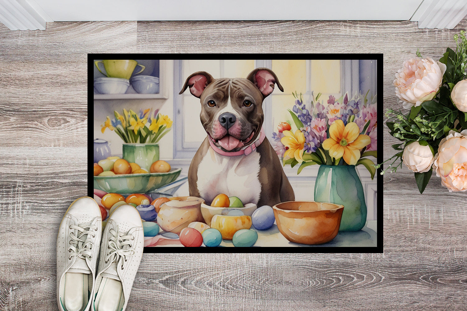 Decorating Easter Pit Bull Terrier Doormat Indoor Outdoor 24H X 36W Front Door Mat Rugs for Entryway, Non Slip Washable Low Pile,