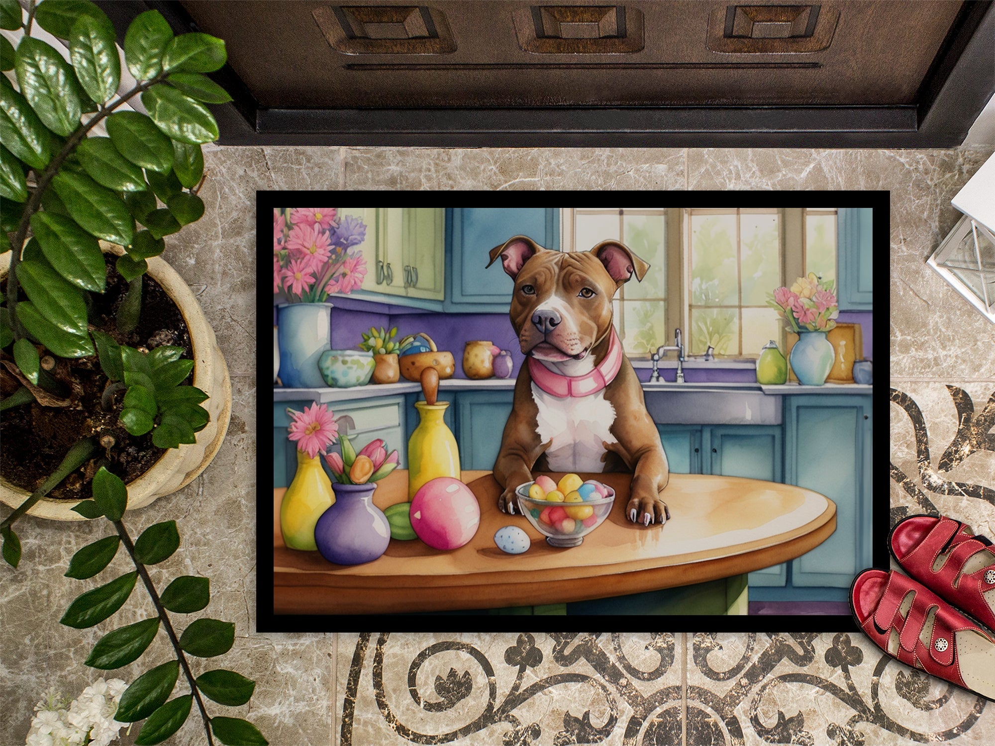 Decorating Easter Pit Bull Terrier Doormat Indoor Outdoor 18H X 27W Front Door Mat Rugs for Entryway, Non Slip Washable