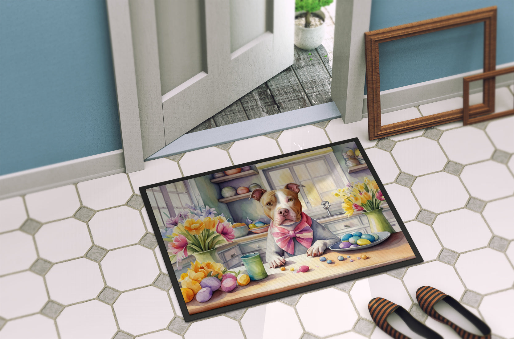 Decorating Easter Pit Bull Terrier Doormat Indoor Outdoor 18H X 27W Front Door Mat Rugs for Entryway, Non Slip Washable