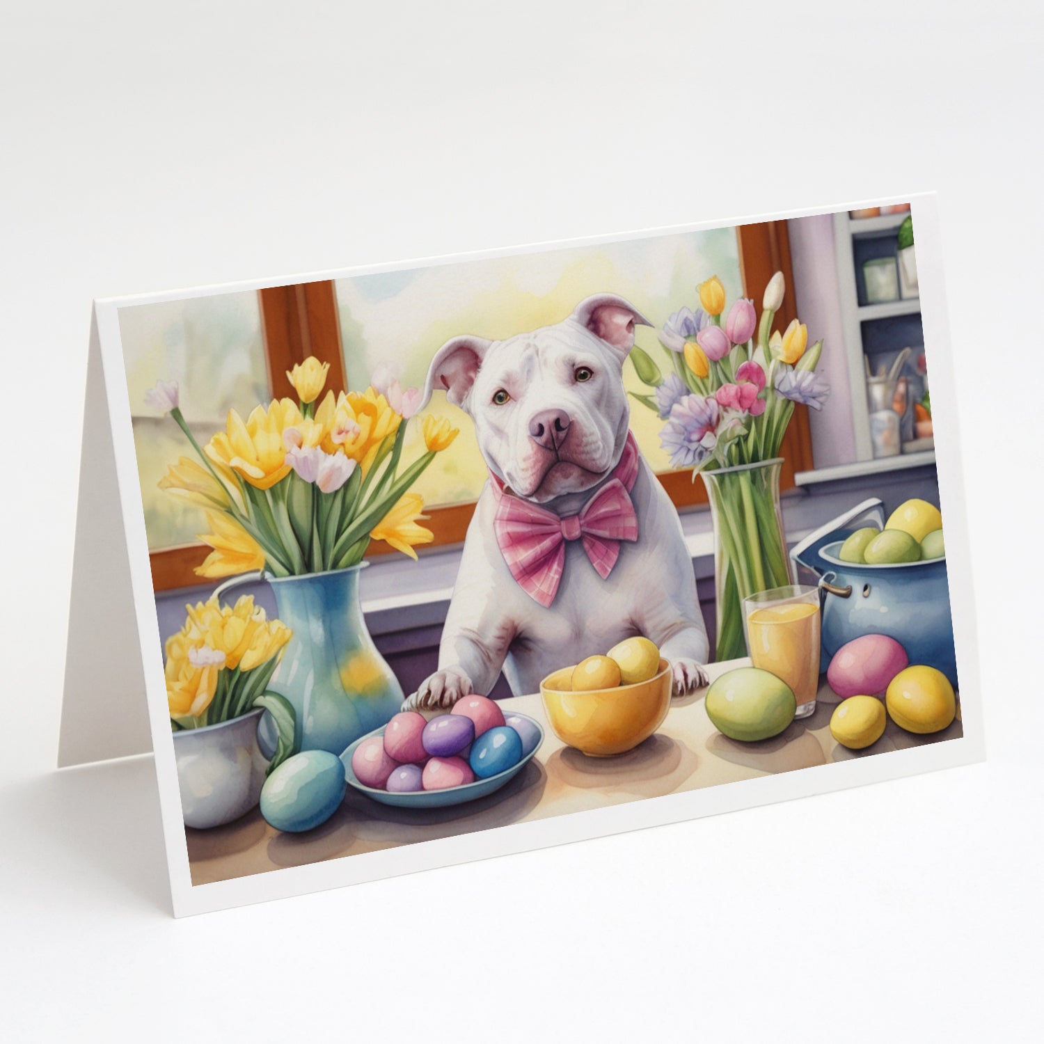 Decorating Easter Pit Bull Terrier Greeting Cards Pack of 8 Blank Cards with Envelopes Whimsical A7 Size 5x7