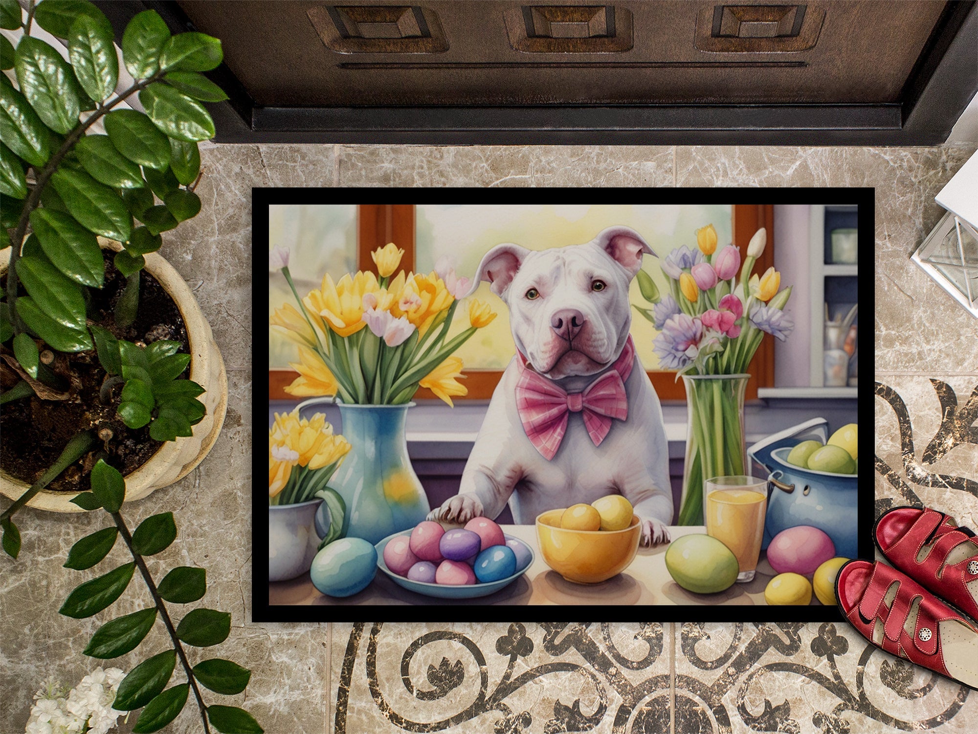 Decorating Easter Pit Bull Terrier Doormat Indoor Outdoor 18H X 27W Front Door Mat Rugs for Entryway, Non Slip Washable