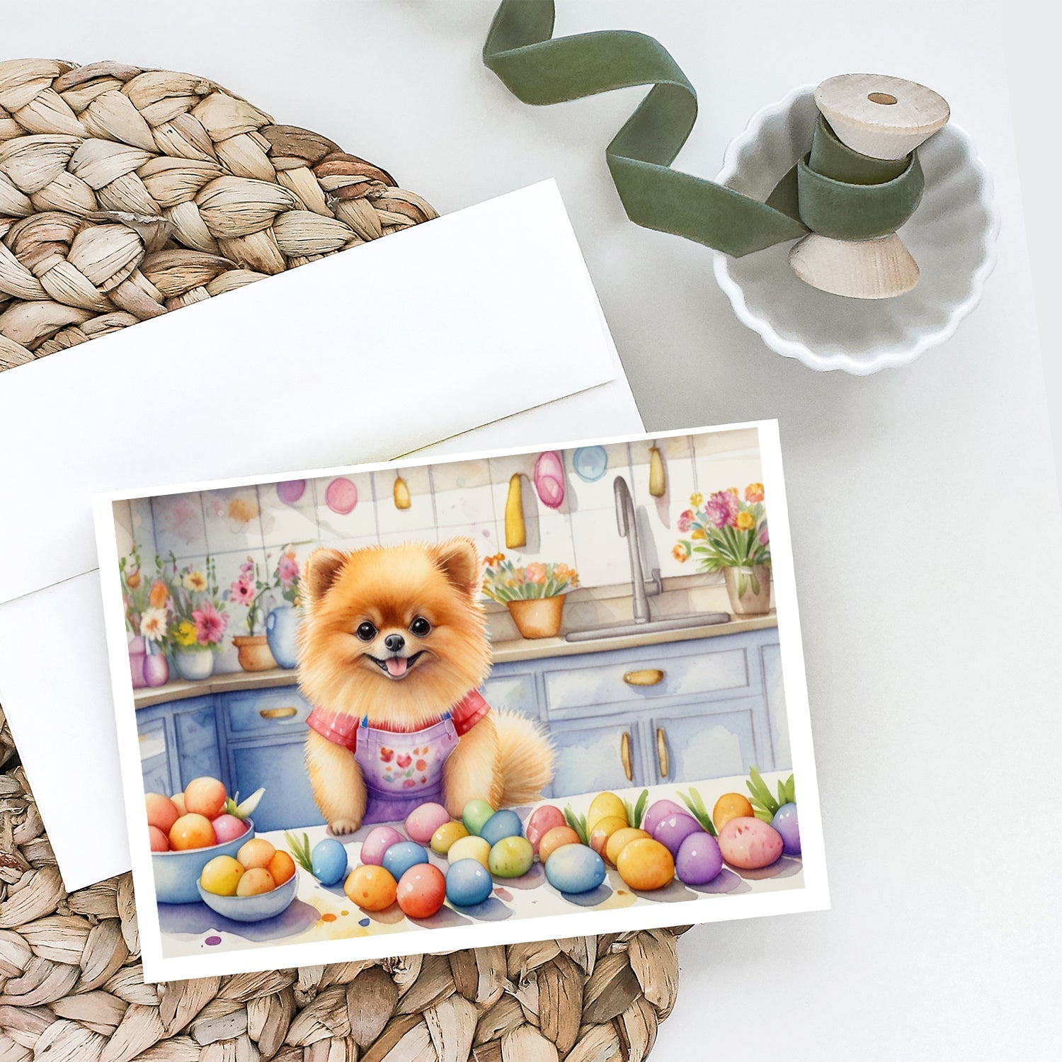 Decorating Easter Pomeranian Greeting Cards Pack of 8 Blank Cards with Envelopes Whimsical A7 Size 5x7