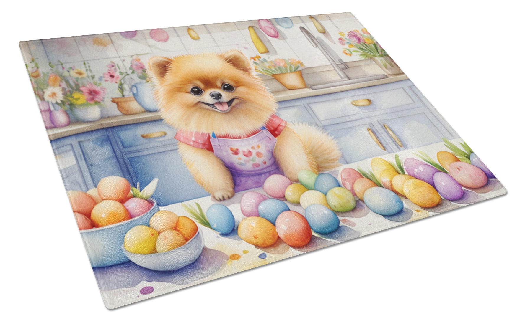Decorating Easter Pomeranian Cutting Board Tempered Glass Kitchen Cutting Surface, Heat Resistant Chopping, Non-Slip Feet, Food Prep & Serving