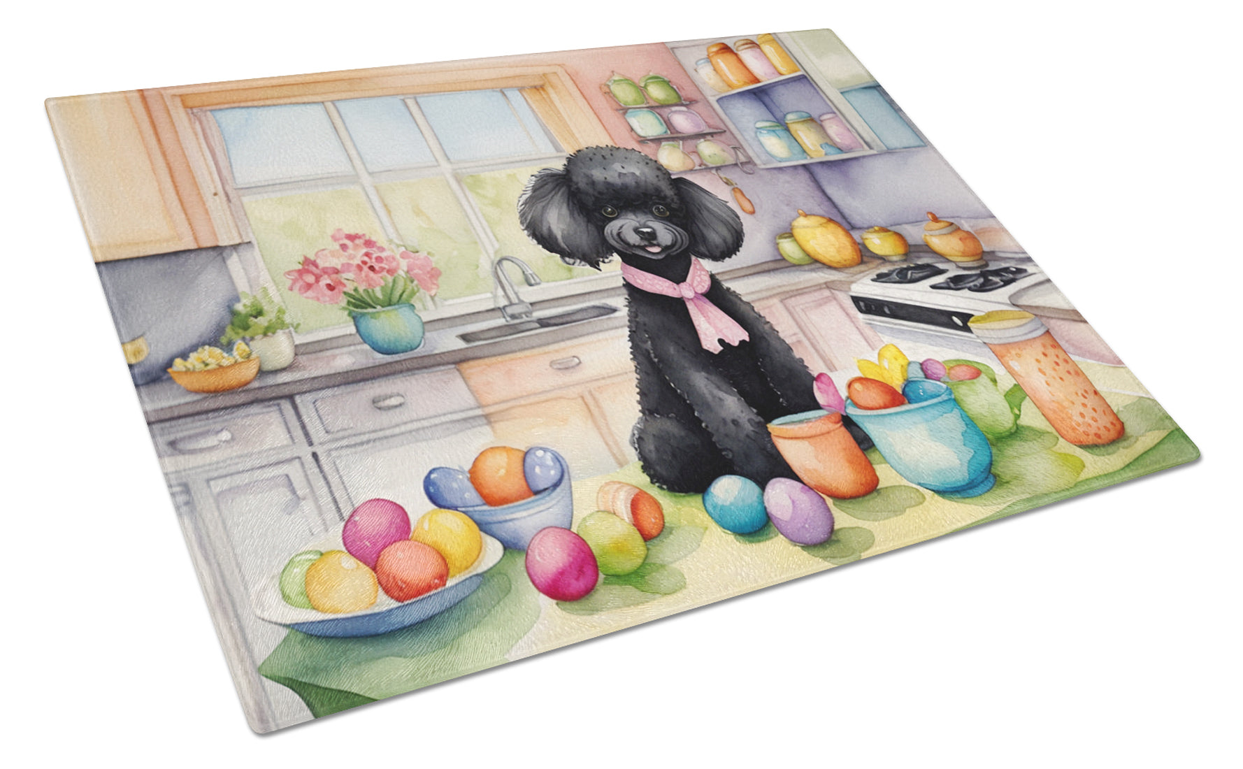 Decorating Easter Black Poodle Cutting Board Tempered Glass Kitchen Cutting Surface, Heat Resistant Chopping, Non-Slip Feet, Food Prep & Serving
