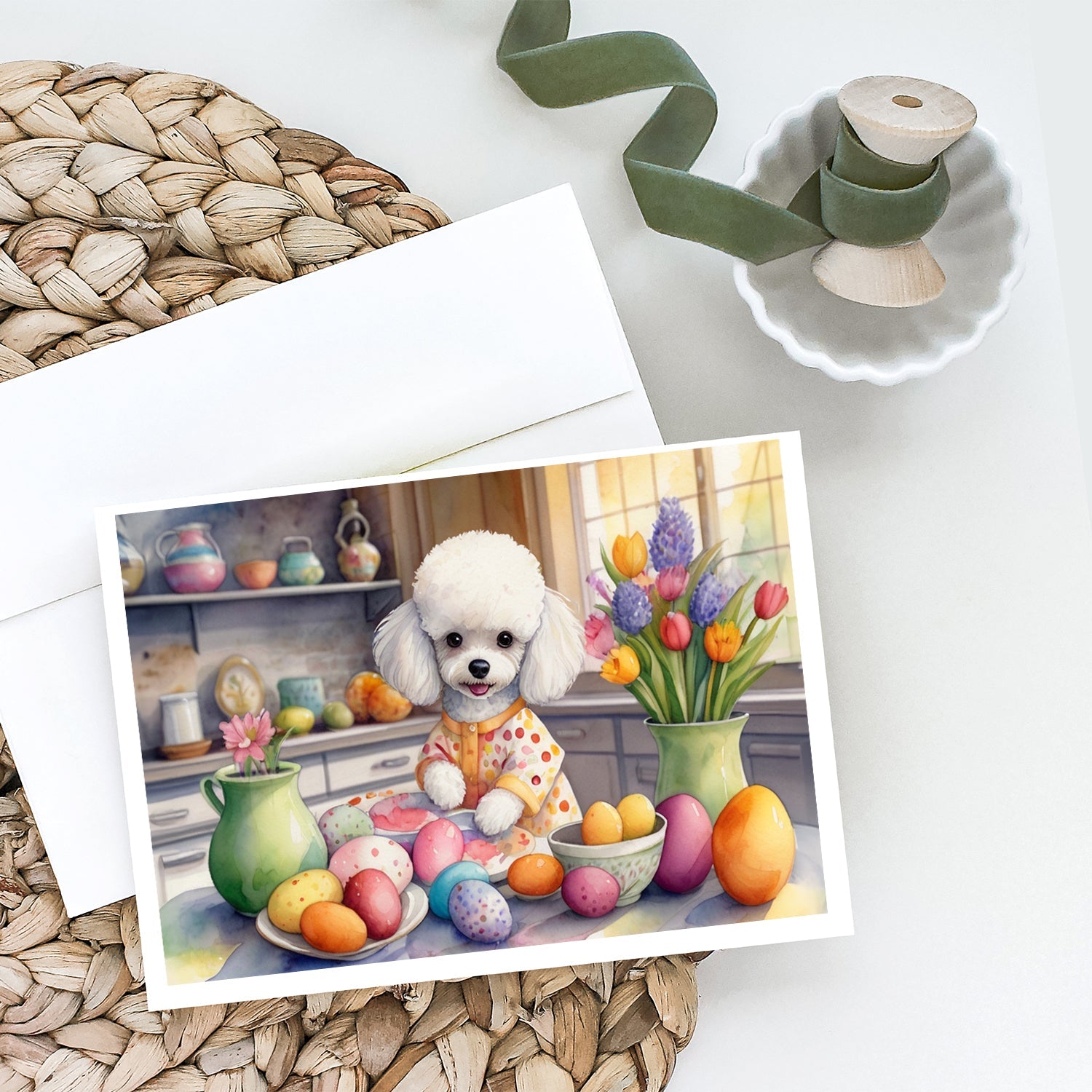 Decorating Easter White Poodle Greeting Cards Pack of 8 Blank Cards with Envelopes Whimsical A7 Size 5x7