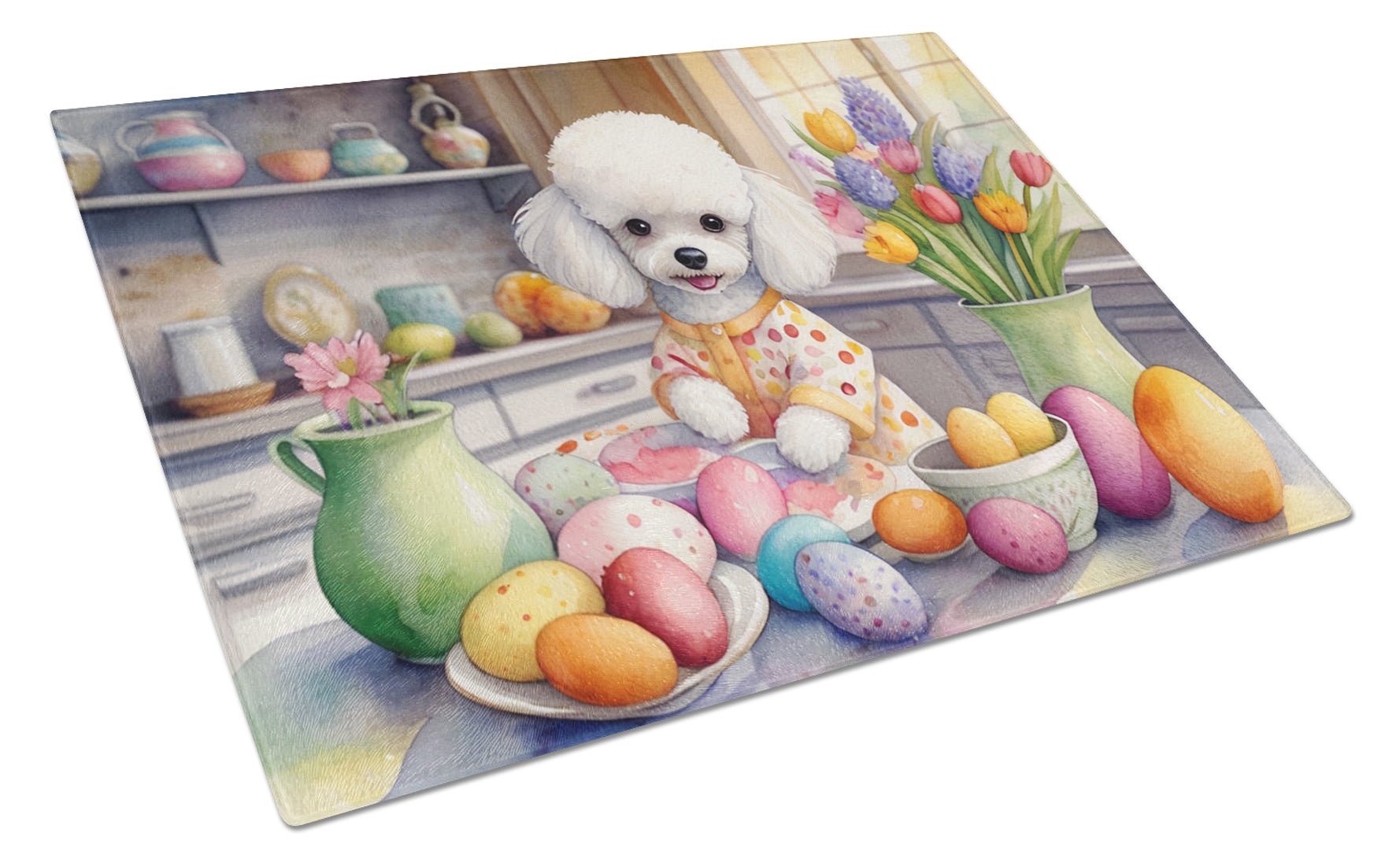Decorating Easter White Poodle Cutting Board Tempered Glass Kitchen Cutting Surface, Heat Resistant Chopping, Non-Slip Feet, Food Prep & Serving