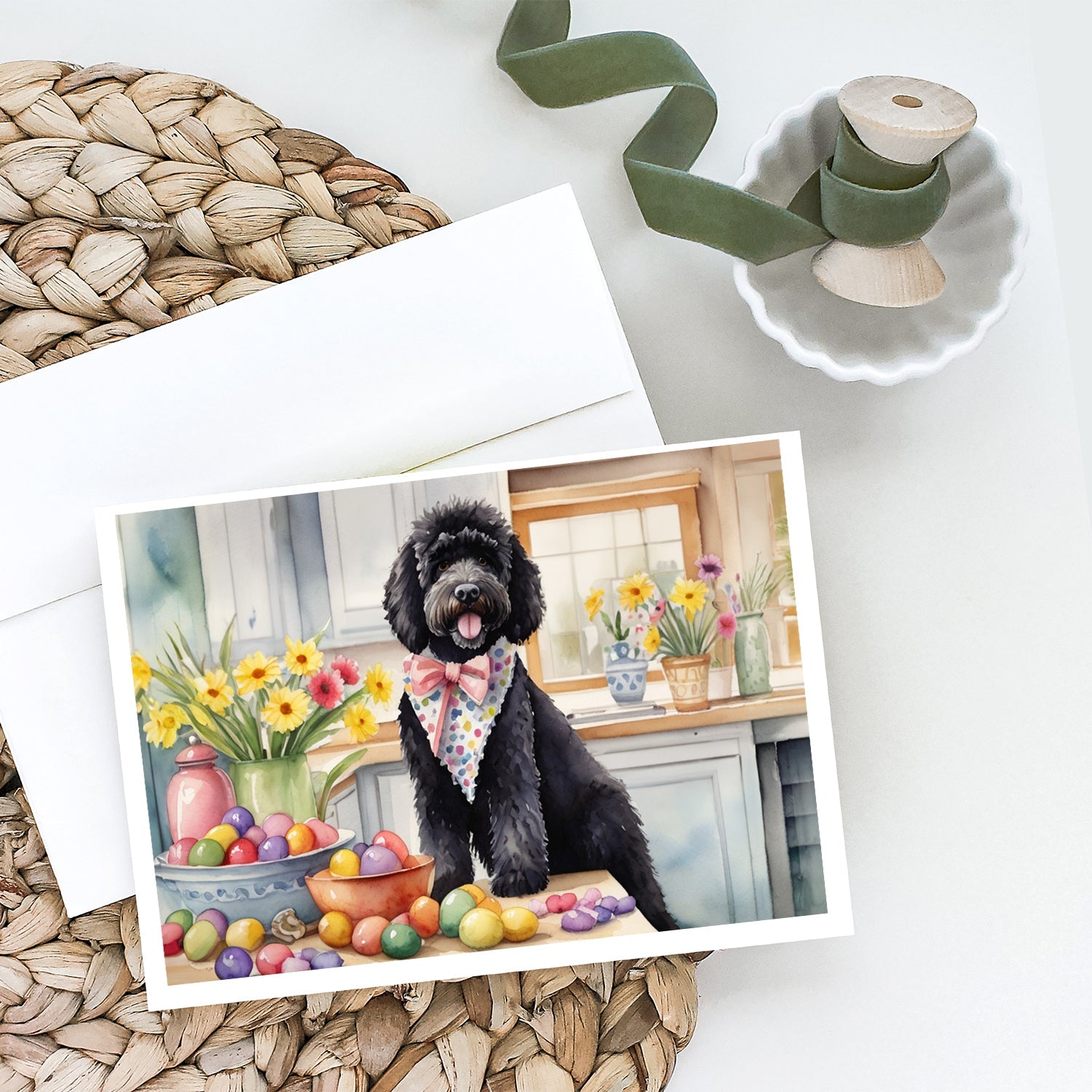 Decorating Easter Portuguese Water Dog Greeting Cards Pack of 8 Blank Cards with Envelopes Whimsical A7 Size 5x7