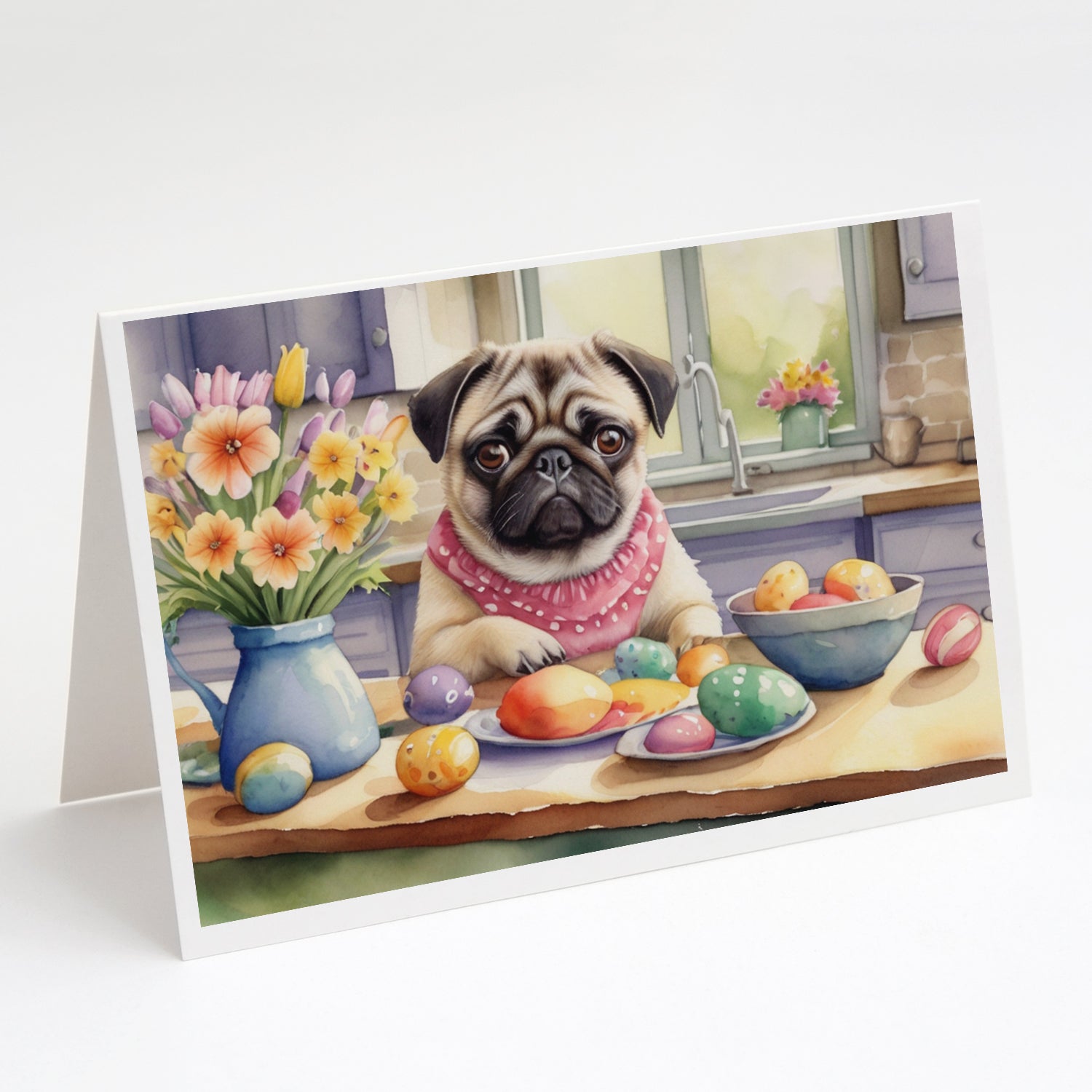 Decorating Easter Pug Greeting Cards Pack of 8 Blank Cards with Envelopes Whimsical A7 Size 5x7