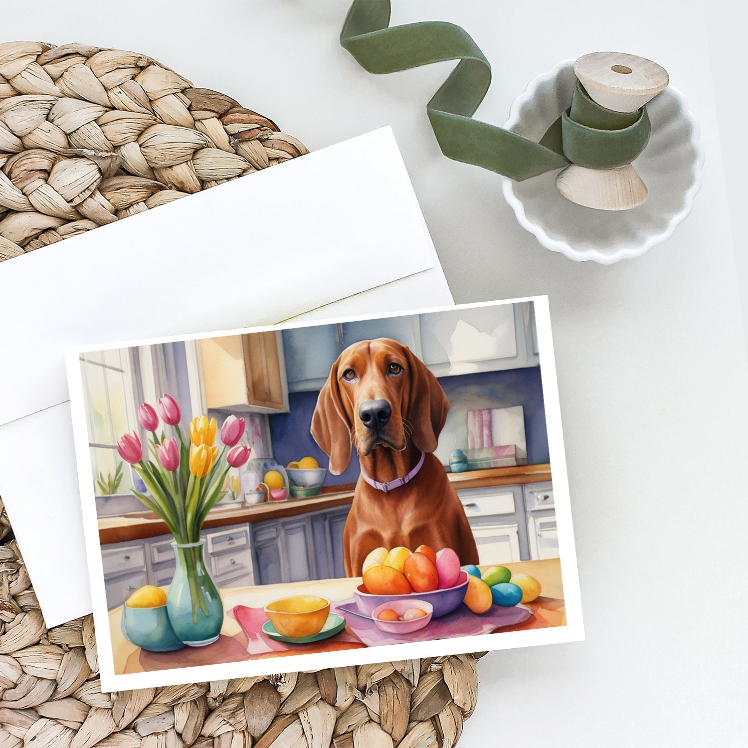 Decorating Easter Redbone Coonhound Greeting Cards Pack of 8 Blank Cards with Envelopes Whimsical A7 Size 5x7