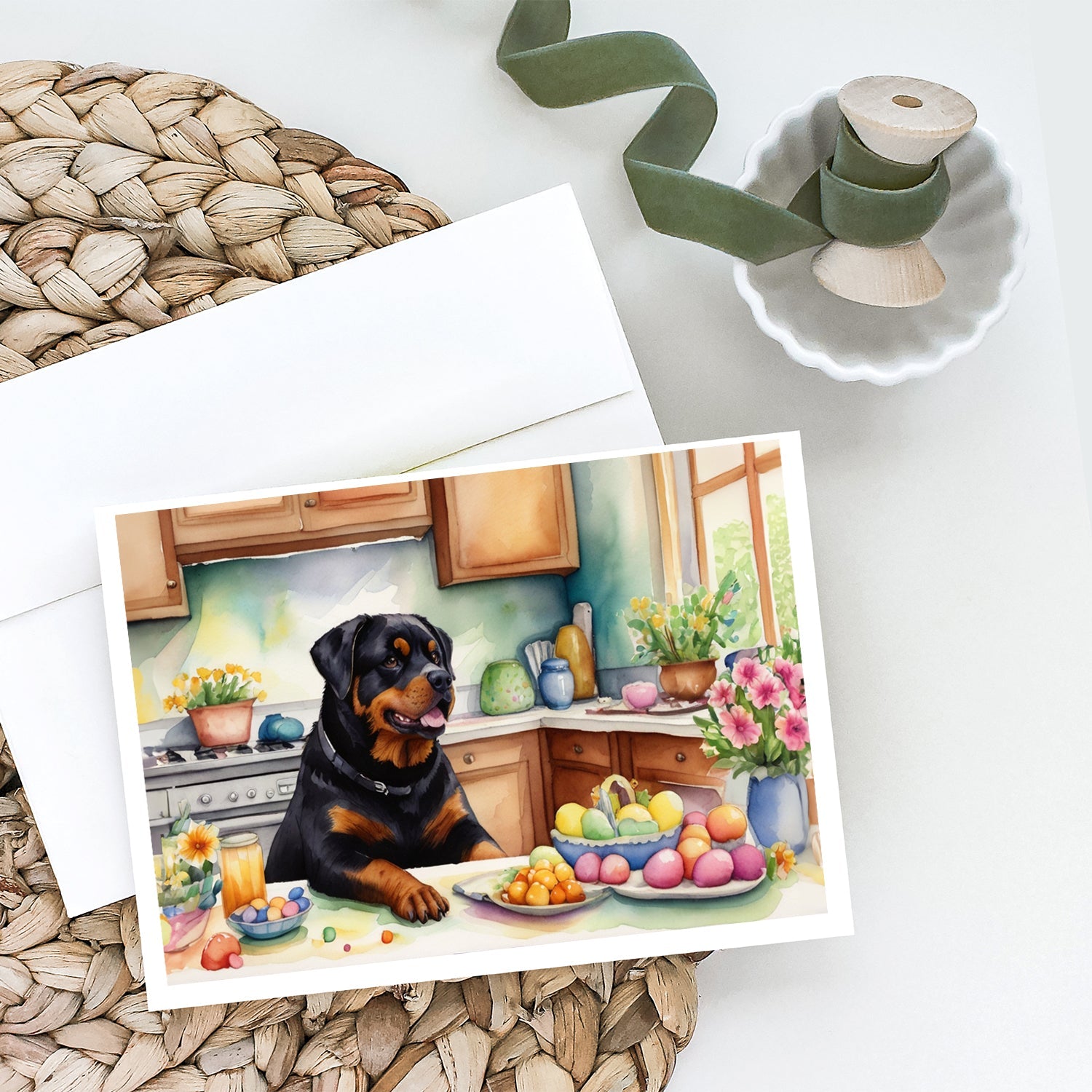 Decorating Easter Rottweiler Greeting Cards Pack of 8 Blank Cards with Envelopes Whimsical A7 Size 5x7
