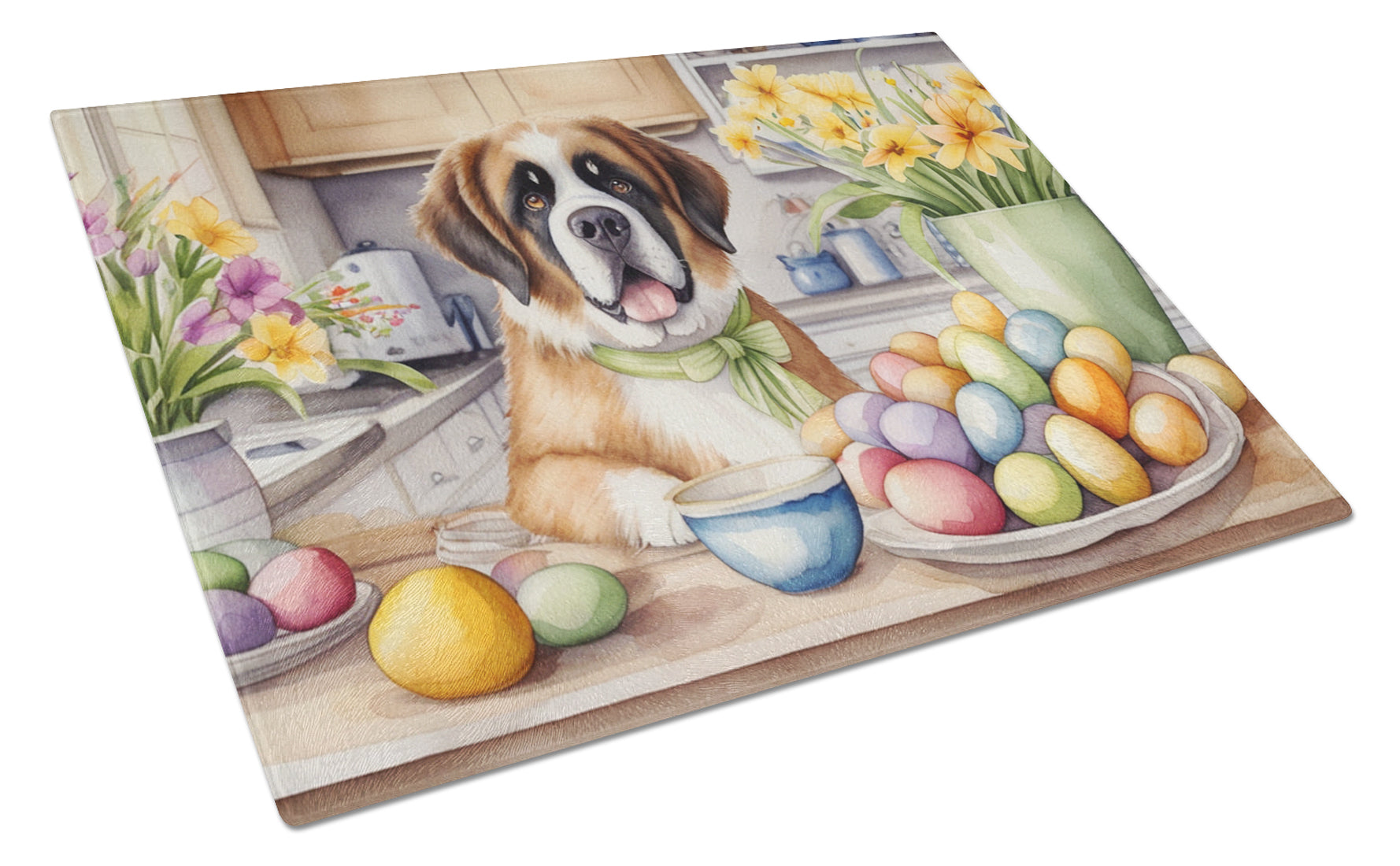 Decorating Easter Saint Bernard Cutting Board Tempered Glass Kitchen Cutting Surface, Heat Resistant Chopping, Non-Slip Feet, Food Prep & Serving