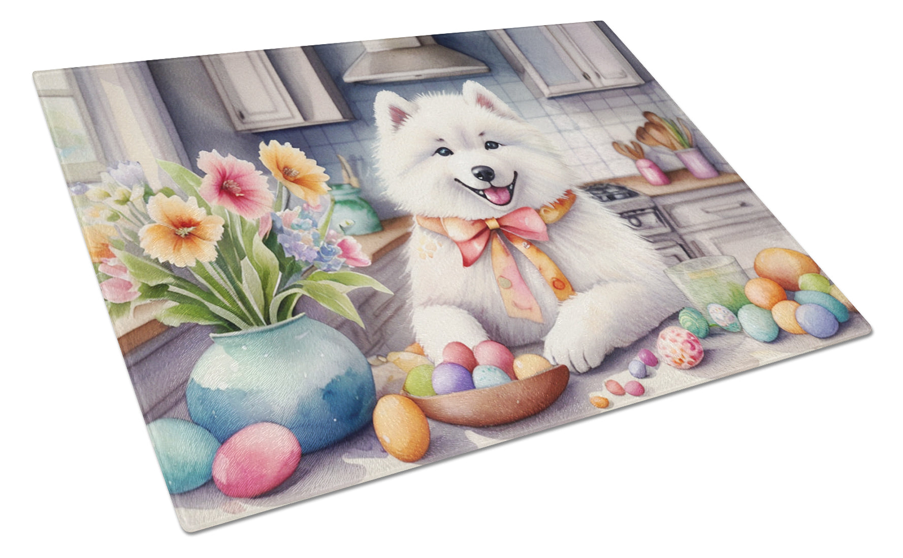 Decorating Easter Samoyed Cutting Board Tempered Glass Kitchen Cutting Surface, Heat Resistant Chopping, Non-Slip Feet, Food Prep & Serving