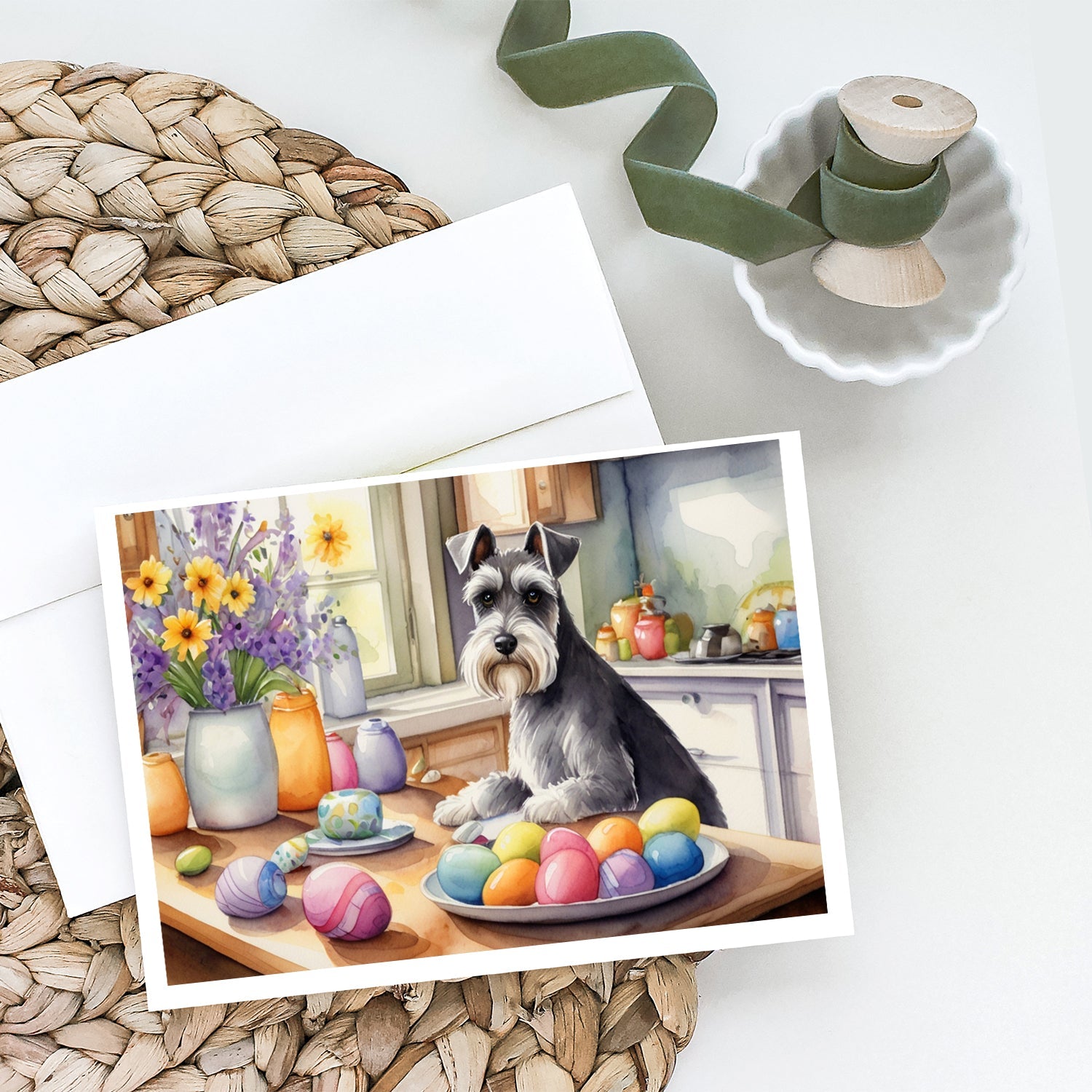 Decorating Easter Schnauzer Greeting Cards Pack of 8 Blank Cards with Envelopes Whimsical A7 Size 5x7