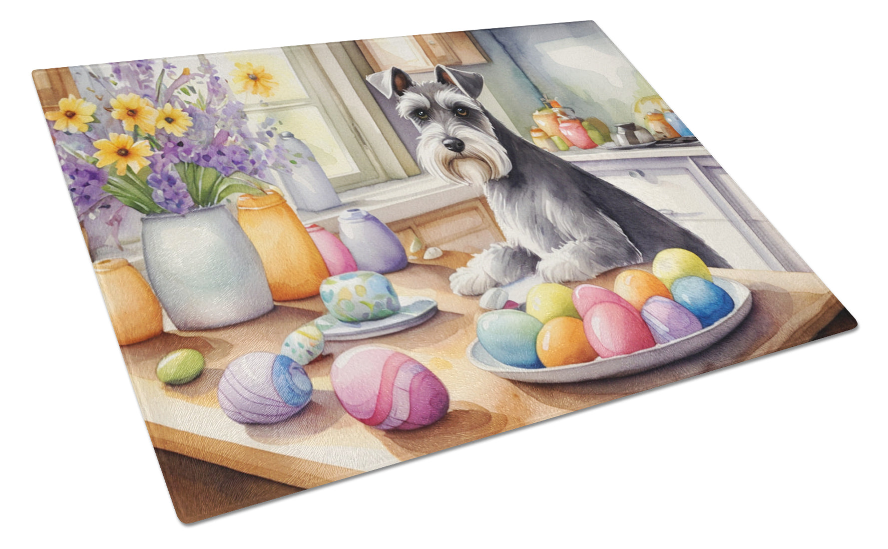 Decorating Easter Schnauzer Cutting Board Tempered Glass Kitchen Cutting Surface, Heat Resistant Chopping, Non-Slip Feet, Food Prep & Serving