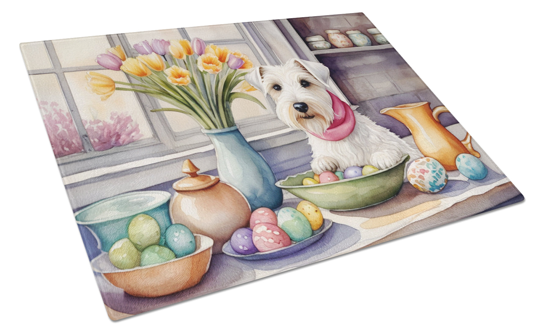 Decorating Easter Sealyham Terrier Cutting Board Tempered Glass Kitchen Cutting Surface, Heat Resistant Chopping, Non-Slip Feet, Food Prep & Serving