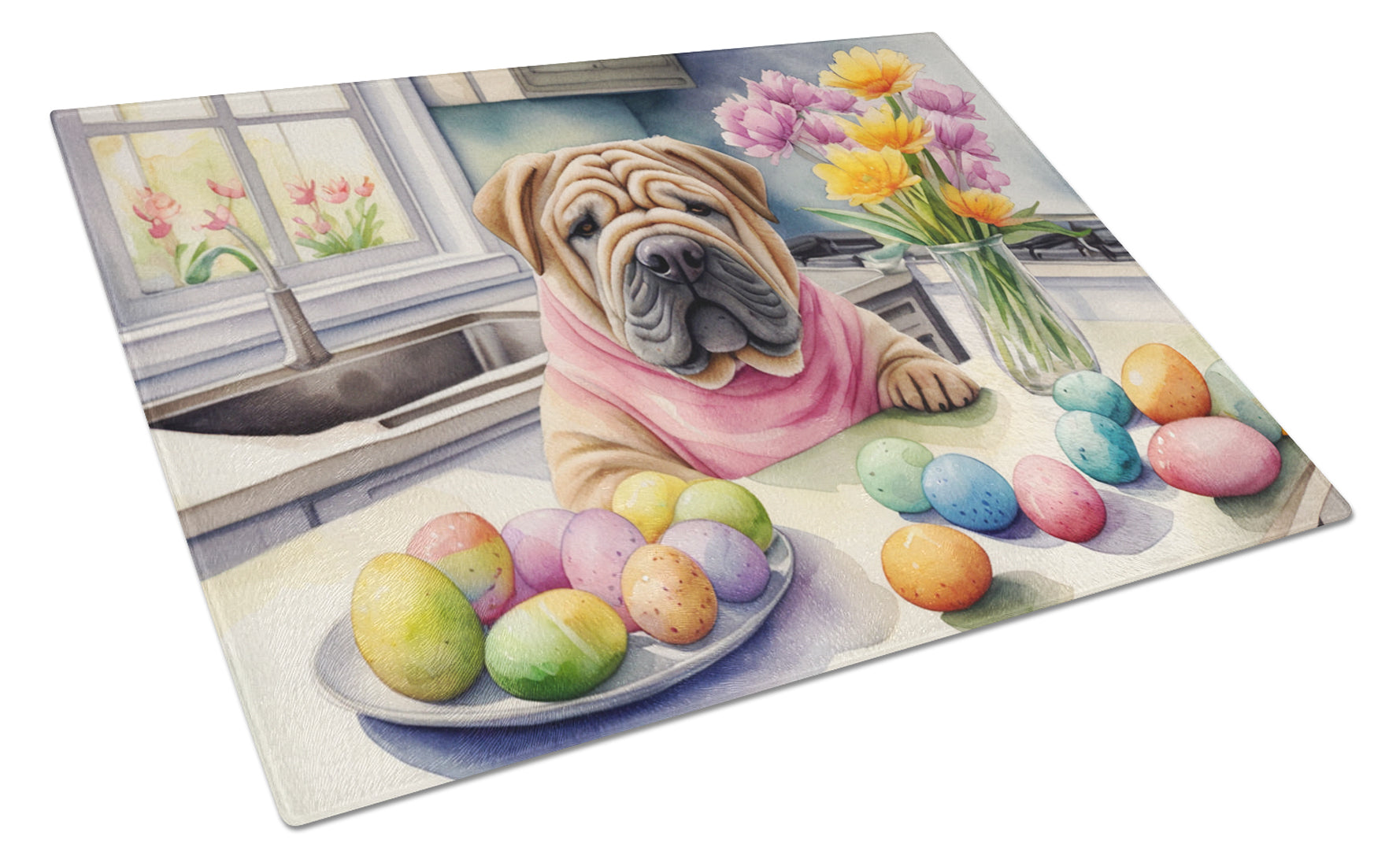 Decorating Easter Shar Pei Cutting Board Tempered Glass Kitchen Cutting Surface, Heat Resistant Chopping, Non-Slip Feet, Food Prep & Serving