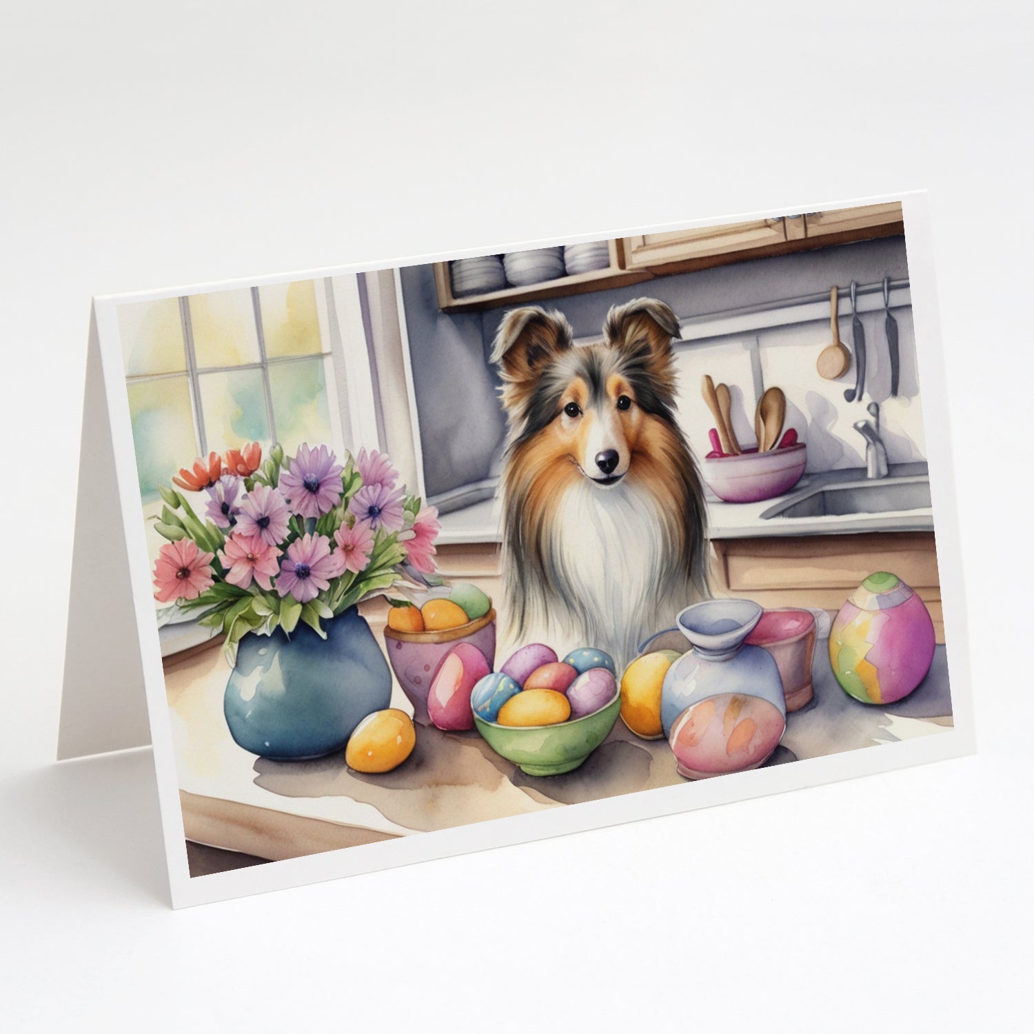 Decorating Easter Sheltie Greeting Cards Pack of 8 Blank Cards with Envelopes Whimsical A7 Size 5x7