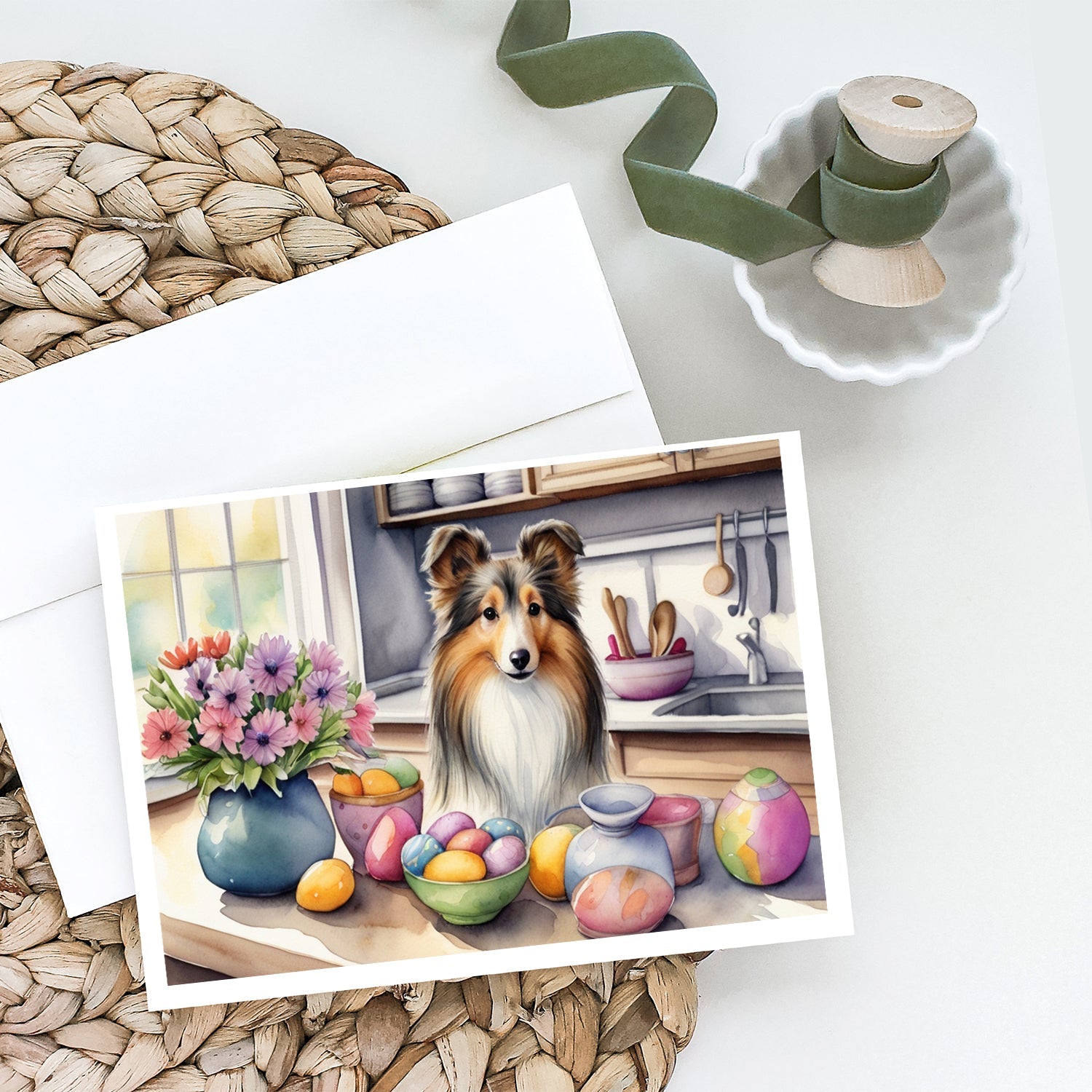 Decorating Easter Sheltie Greeting Cards Pack of 8 Blank Cards with Envelopes Whimsical A7 Size 5x7