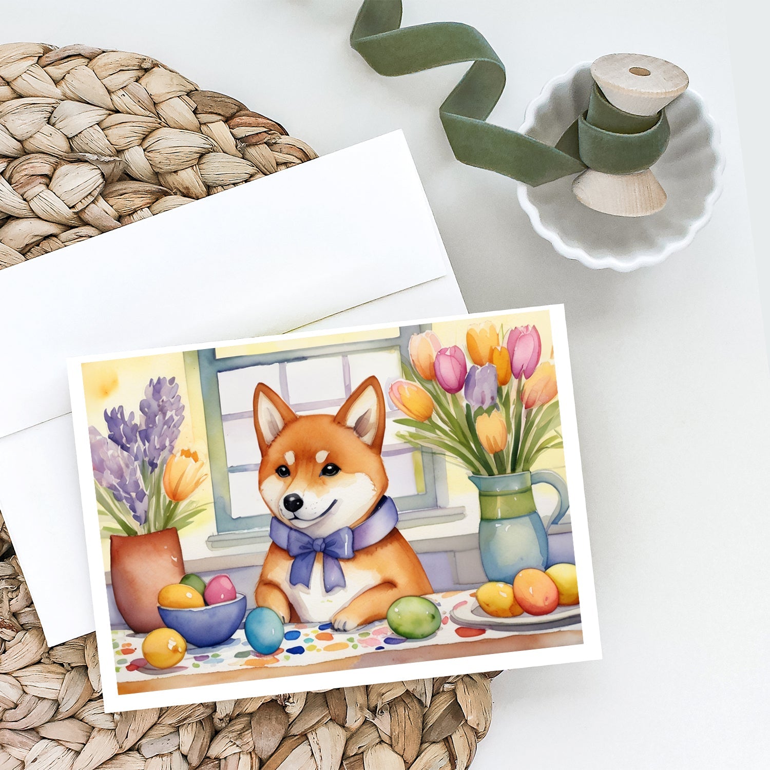 Decorating Easter Shiba Inu Greeting Cards Pack of 8 Blank Cards with Envelopes Whimsical A7 Size 5x7