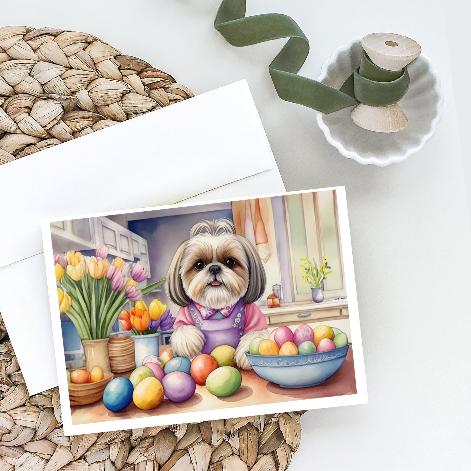 Decorating Easter Shih Tzu Greeting Cards Pack of 8 Blank Cards with Envelopes Whimsical A7 Size 5x7