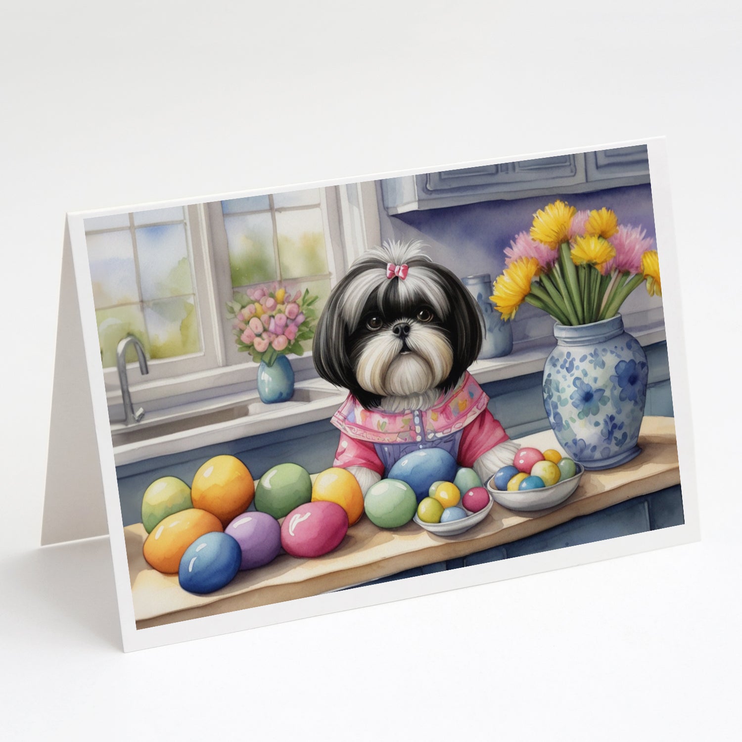 Decorating Easter Shih Tzu Greeting Cards Pack of 8 Blank Cards with Envelopes Whimsical A7 Size 5x7