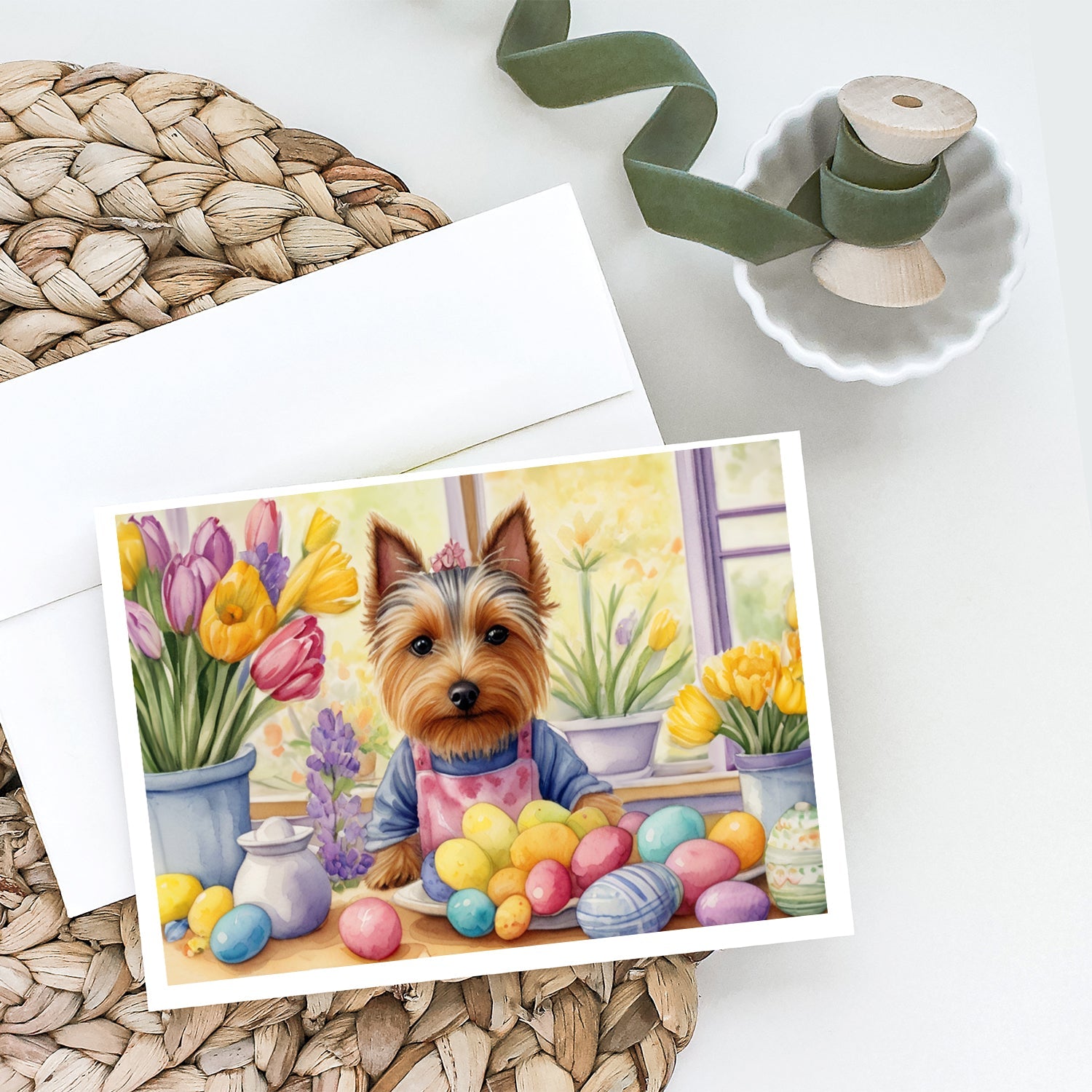 Decorating Easter Silky Terrier Greeting Cards Pack of 8 Blank Cards with Envelopes Whimsical A7 Size 5x7
