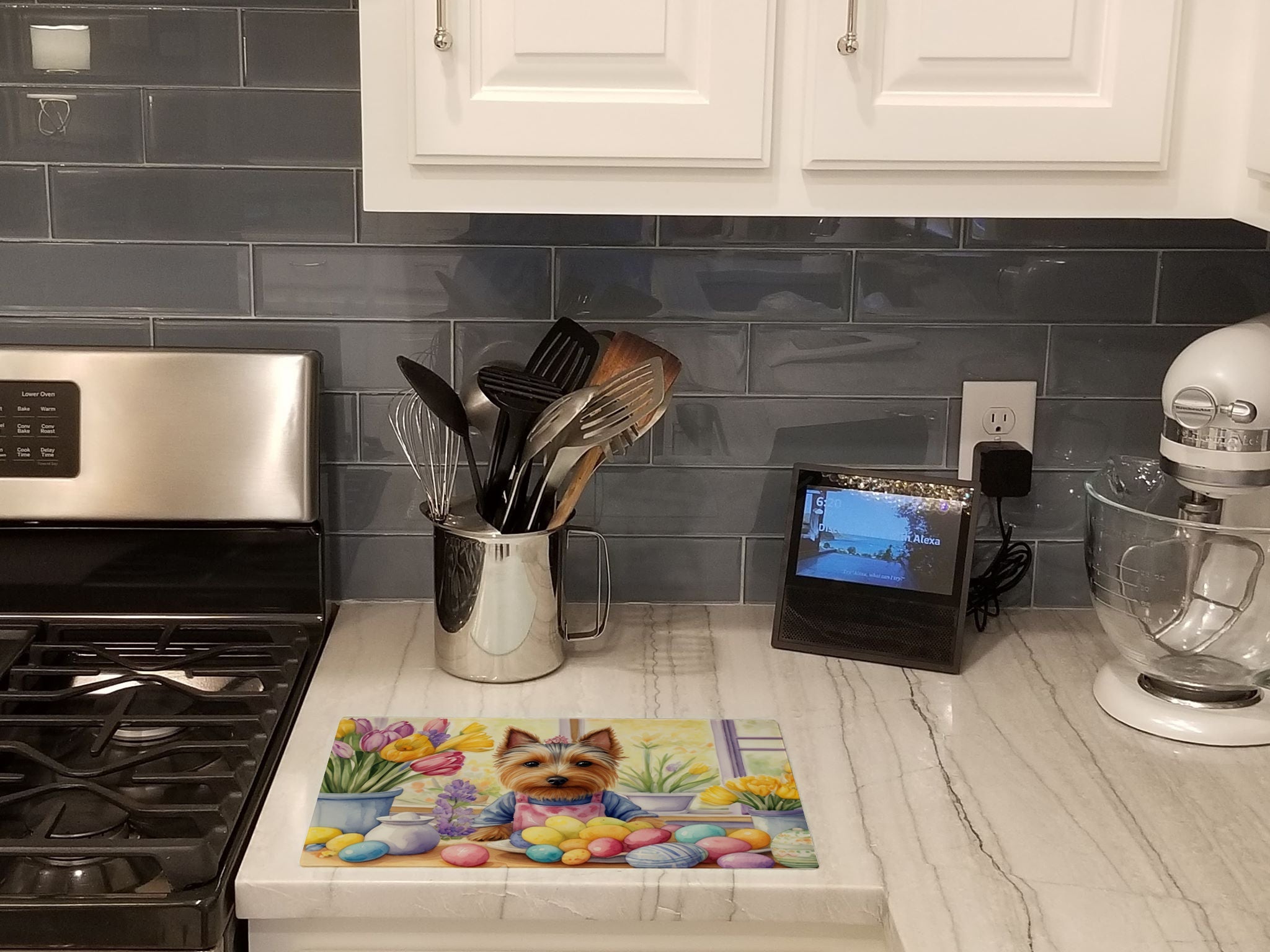 Decorating Easter Silky Terrier Cutting Board Tempered Glass Kitchen Cutting Surface, Heat Resistant Chopping, Non-Slip Feet, Food Prep & Serving