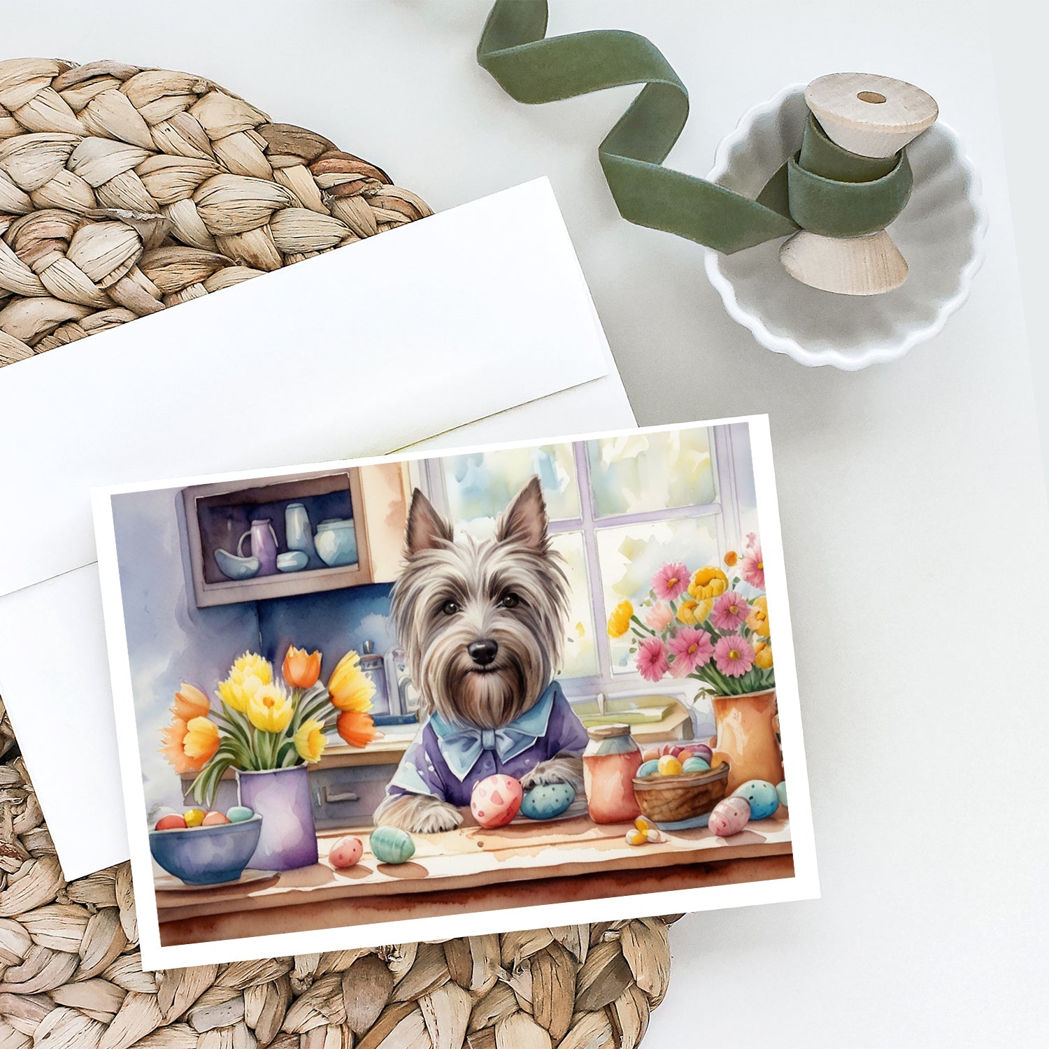 Decorating Easter Skye Terrier Greeting Cards Pack of 8 Blank Cards with Envelopes Whimsical A7 Size 5x7
