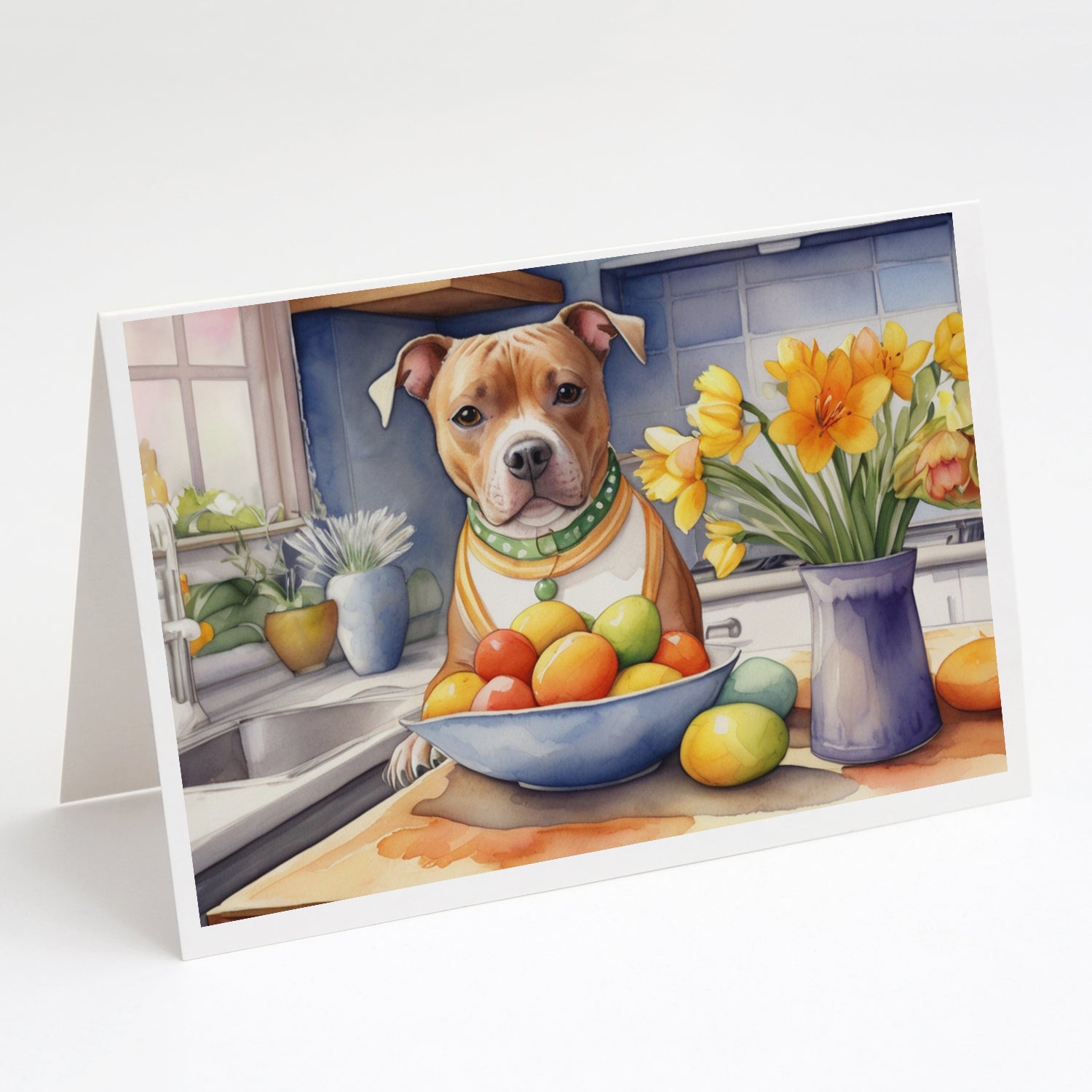 Decorating Easter Staffordshire Bull Terrier Greeting Cards Pack of 8 Blank Cards with Envelopes Whimsical A7 Size 5x7