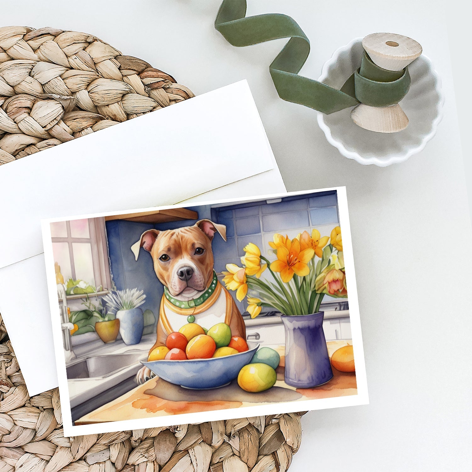 Decorating Easter Staffordshire Bull Terrier Greeting Cards Pack of 8 Blank Cards with Envelopes Whimsical A7 Size 5x7
