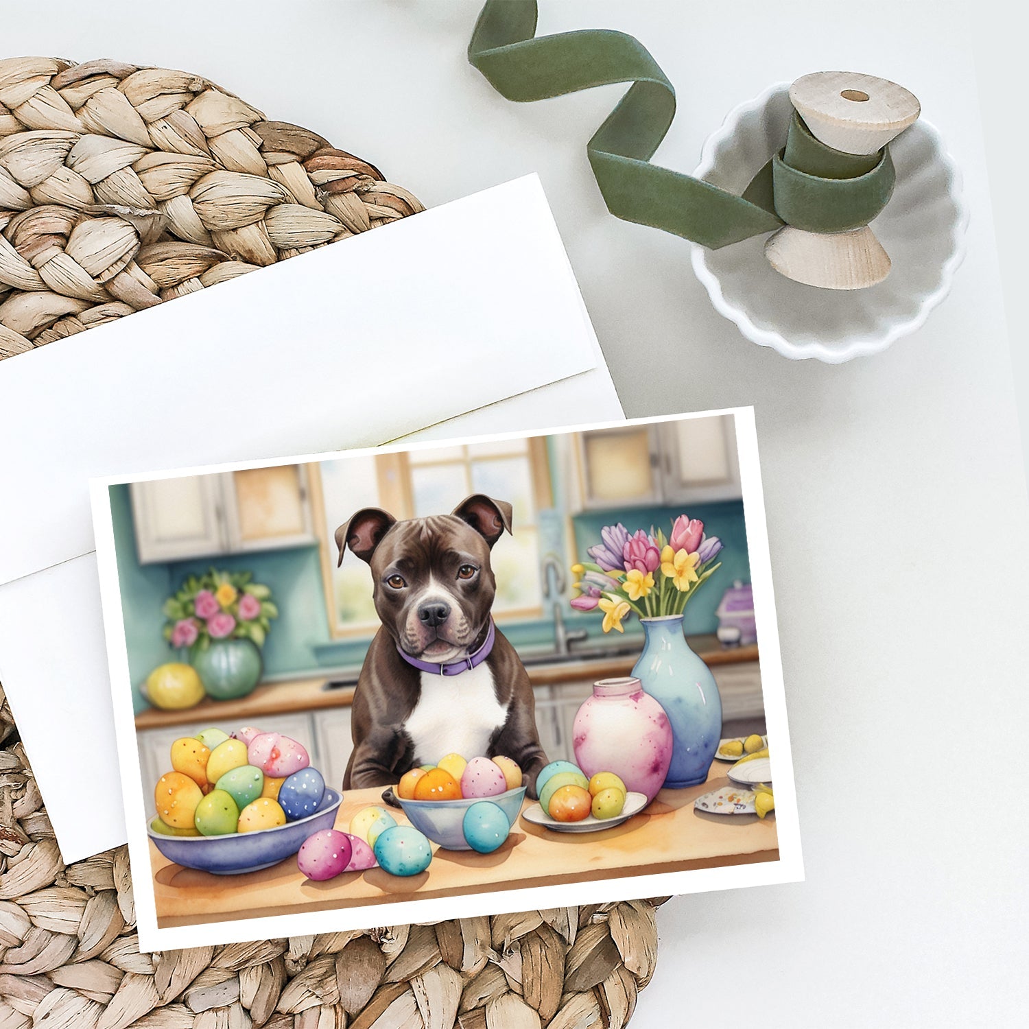 Decorating Easter Staffordshire Bull Terrier Greeting Cards Pack of 8 Blank Cards with Envelopes Whimsical A7 Size 5x7