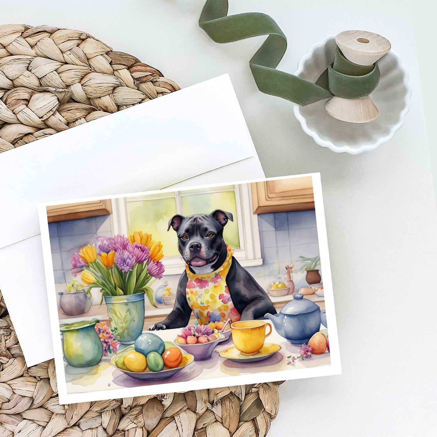 Decorating Easter Staffordshire Bull Terrier Greeting Cards Pack of 8 Blank Cards with Envelopes Whimsical A7 Size 5x7