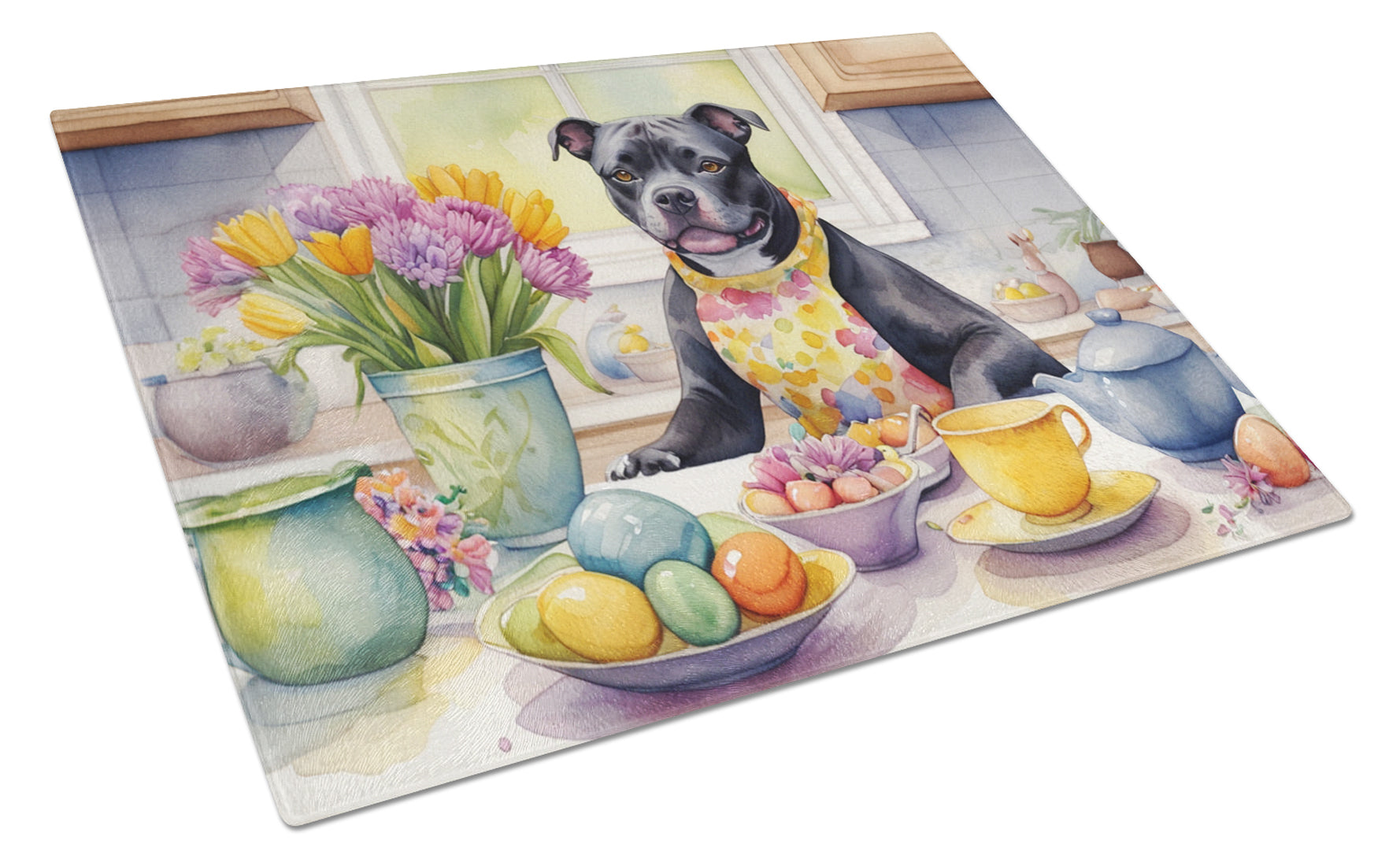 Decorating Easter Staffordshire Bull Terrier Cutting Board Tempered Glass Kitchen Cutting Surface, Heat Resistant Chopping, Non-Slip Feet, Food Prep & Serving