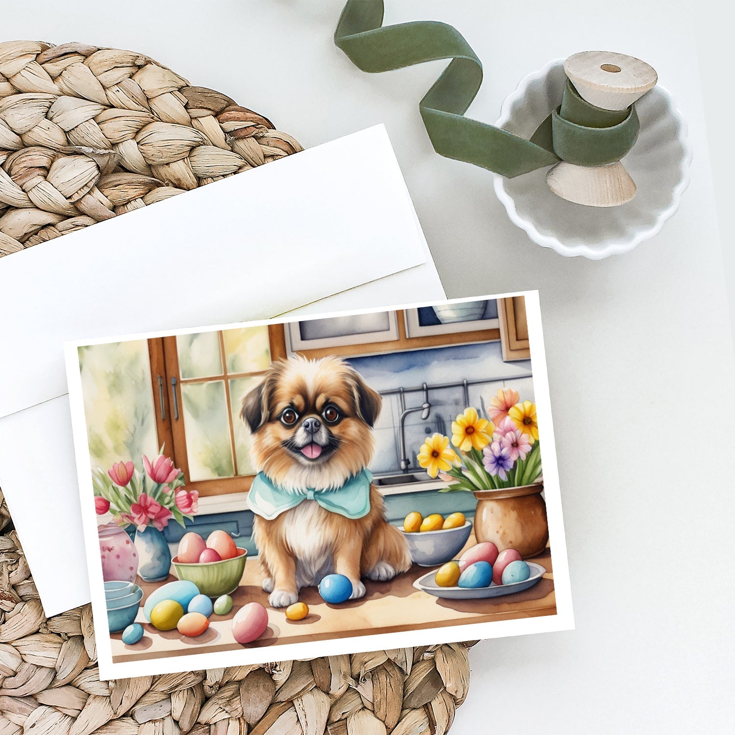 Decorating Easter Tibetan Spaniel Greeting Cards Pack of 8 Blank Cards with Envelopes Whimsical A7 Size 5x7