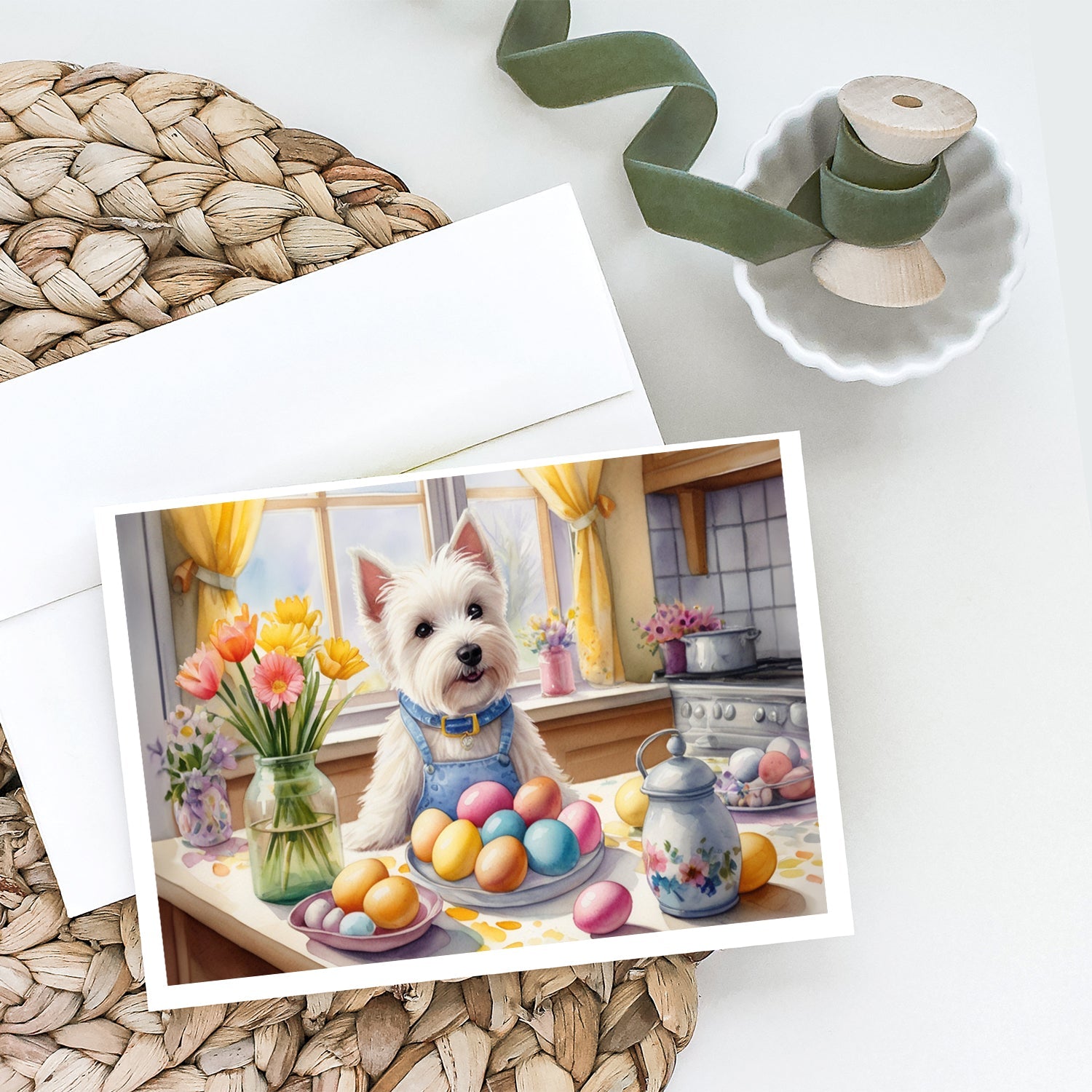 Decorating Easter Westie Greeting Cards Pack of 8 Blank Cards with Envelopes Whimsical A7 Size 5x7