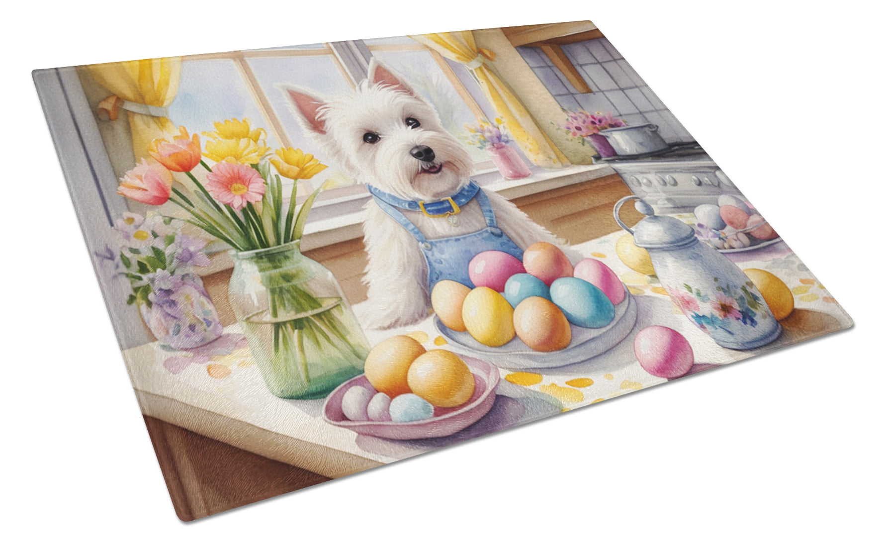 Decorating Easter Westie Cutting Board Tempered Glass Kitchen Cutting Surface, Heat Resistant Chopping, Non-Slip Feet, Food Prep & Serving