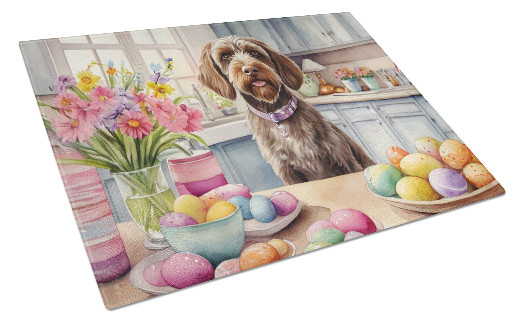 Decorating Easter Wirehaired Pointing Griffon Cutting Board Tempered Glass Kitchen Cutting Surface, Heat Resistant Chopping, Non-Slip Feet, Food Prep & Serving
