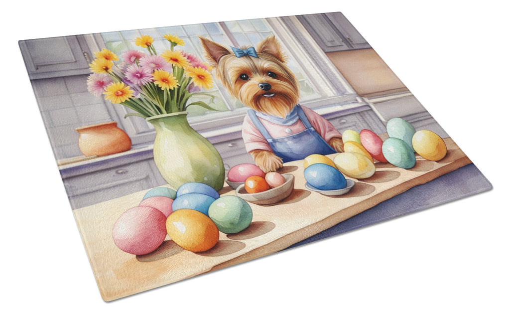 Decorating Easter Yorkshire Terrier Cutting Board Tempered Glass Kitchen Cutting Surface, Heat Resistant Chopping, Non-Slip Feet, Food Prep & Serving