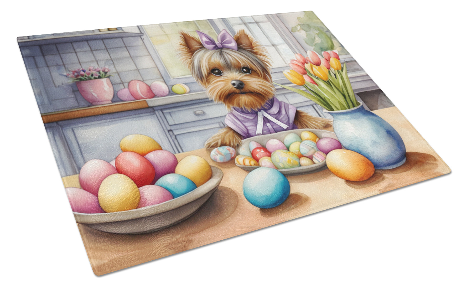 Decorating Easter Yorkshire Terrier Cutting Board Tempered Glass Kitchen Cutting Surface, Heat Resistant Chopping, Non-Slip Feet, Food Prep & Serving