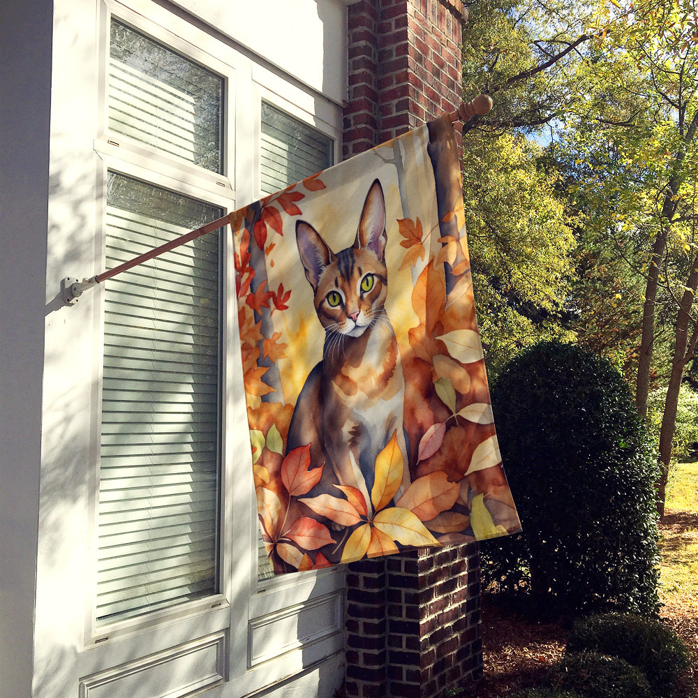 Abyssinian Cat in Fall Leaves House Flag 28x40 Porch Sleeve Pole Decorative Outside Yard Banner Artwork Wall Hanging, Polyester