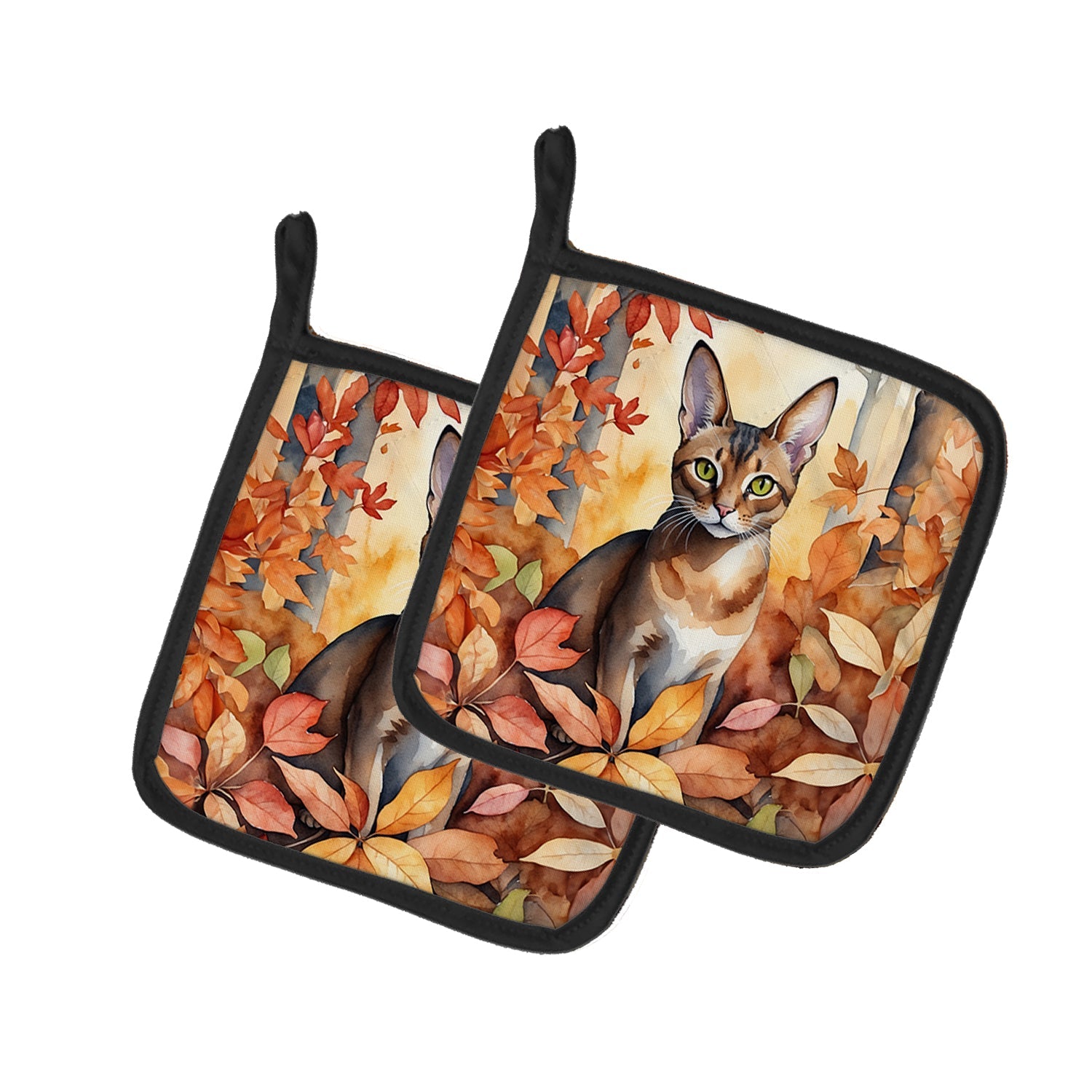 Abyssinian Cat in Fall Leaves Pot Holder Set of 2 Heat Resistant Quilted Hot Pads 7.5 x 7.5 Inch, Insulated Kitchen Trivets for Cooking & Baking