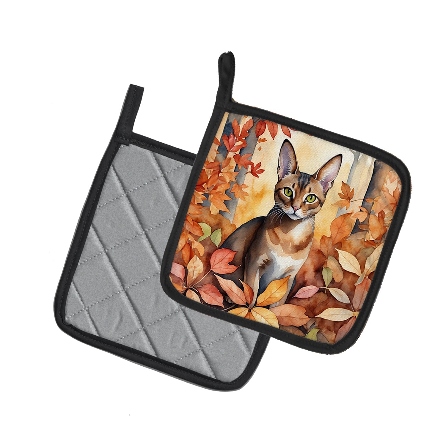 Abyssinian Cat in Fall Leaves Pot Holder Set of 2 Heat Resistant Quilted Hot Pads 7.5 x 7.5 Inch, Insulated Kitchen Trivets for Cooking & Baking