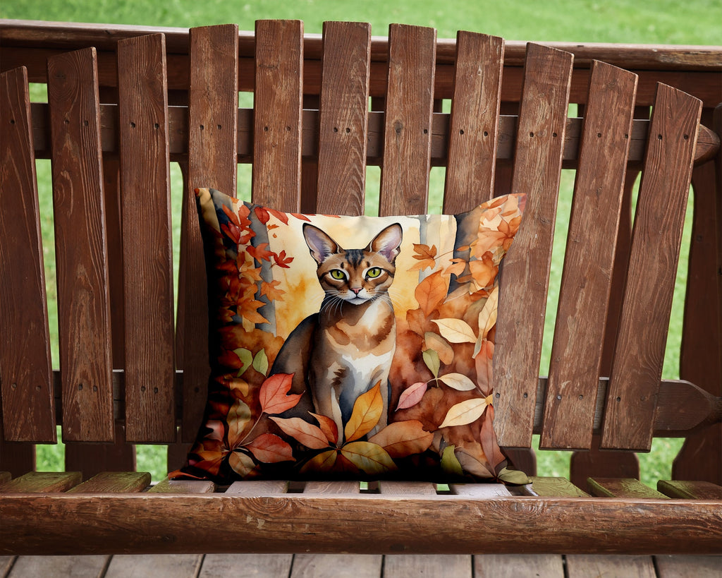 Abyssinian Cat in Fall Leaves Decorative Throw Pillow 14x14 Indoor Outdoor Accent Cushion, Fabric Cover with Insert for Sofa, Bed, Porch & Living Room
