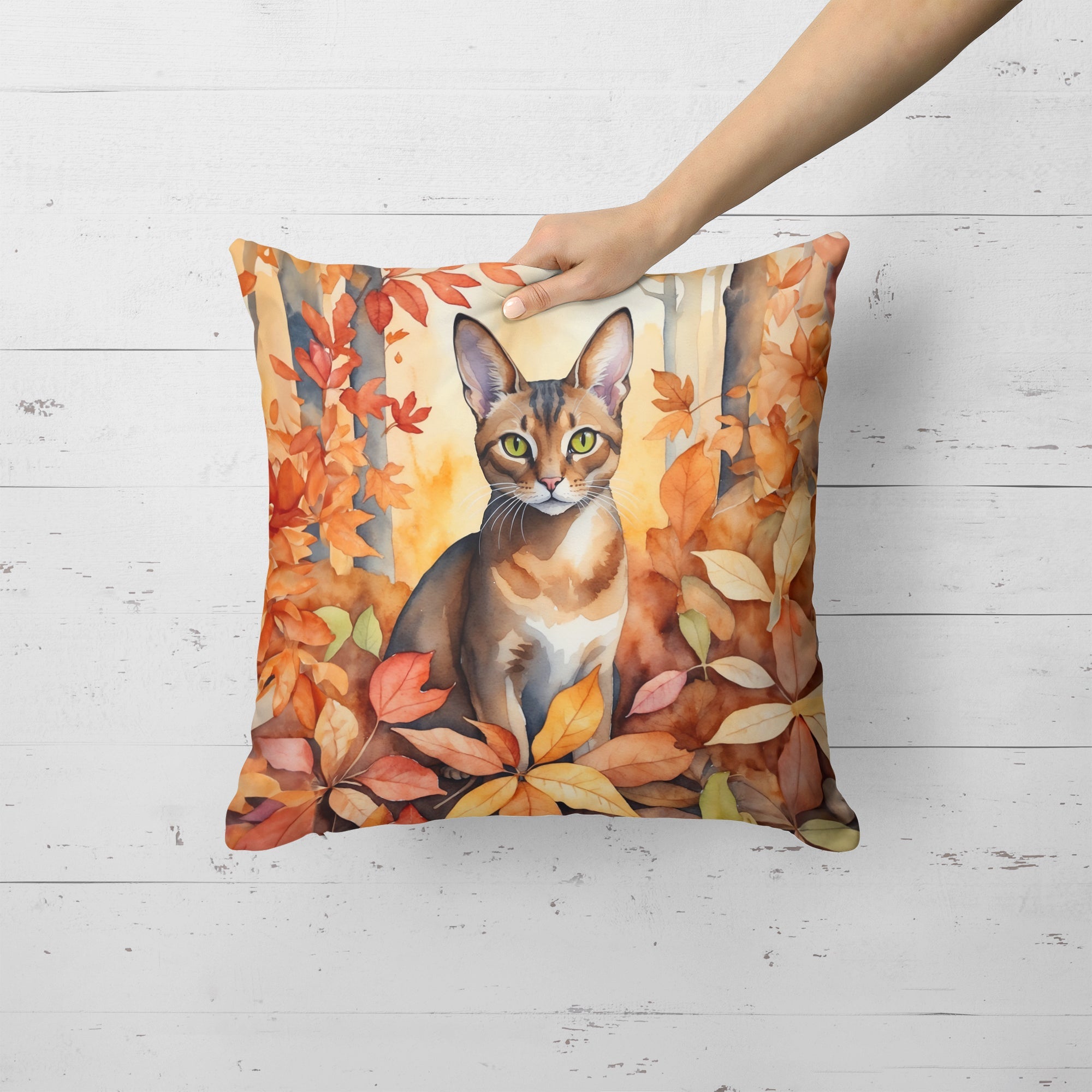 Abyssinian Cat in Fall Leaves Decorative Throw Pillow 18x18 Indoor Outdoor Accent Cushion, Fabric Cover with Insert for Sofa, Bed, Porch & Living Room