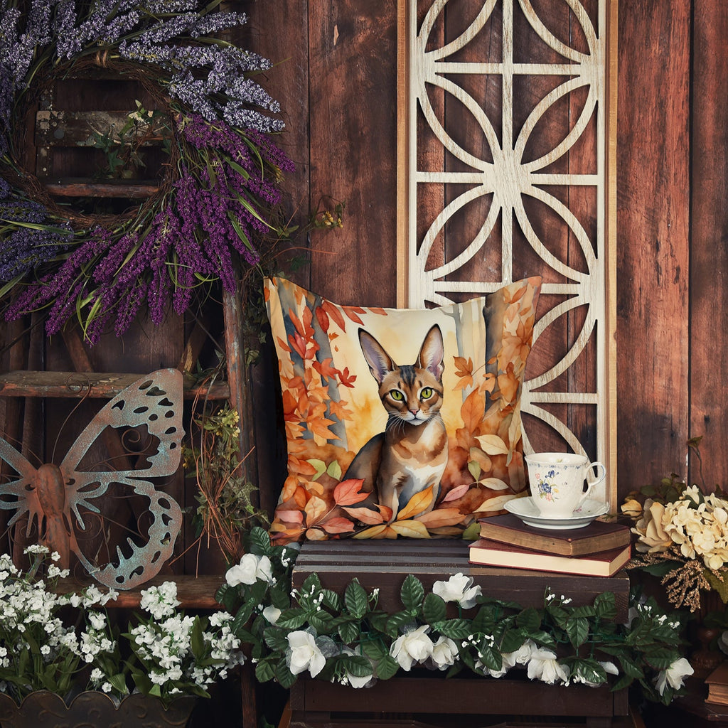 Abyssinian Cat in Fall Leaves Decorative Throw Pillow 18x18 Indoor Outdoor Accent Cushion, Fabric Cover with Insert for Sofa, Bed, Porch & Living Room