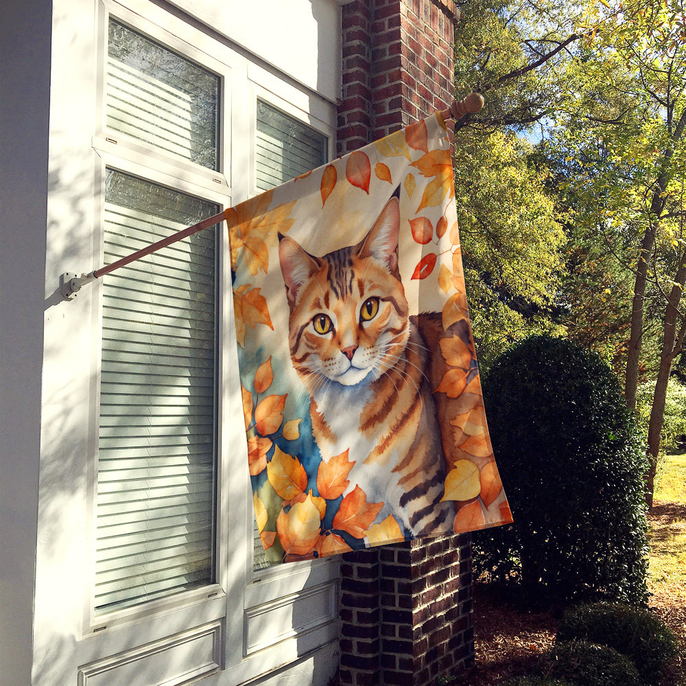 Aegean Cat in Fall Leaves House Flag 28x40 Porch Sleeve Pole Decorative Outside Yard Banner Artwork Wall Hanging, Polyester